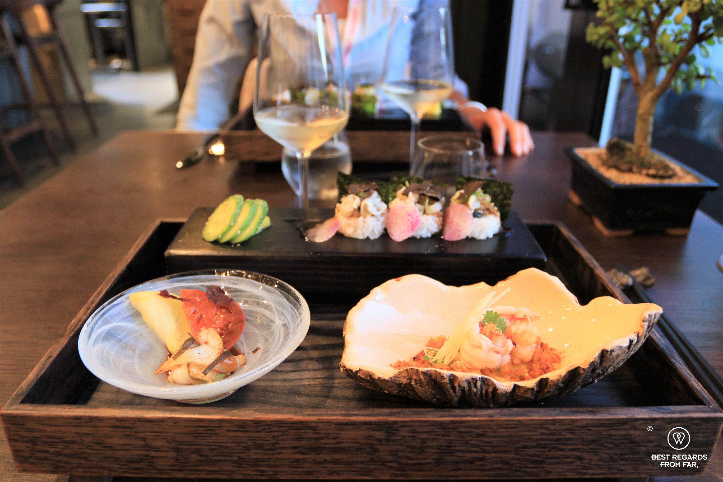 Dashi poached langoustine and abalone at FYN, Cape Town