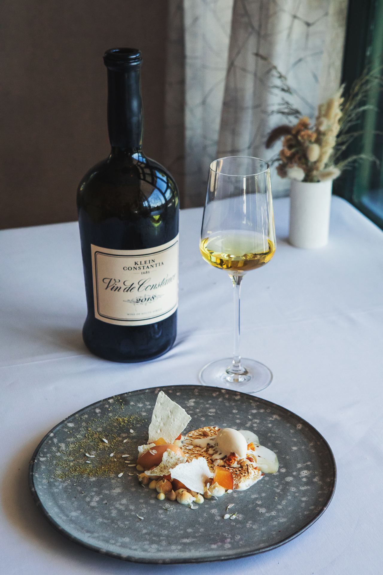Nectarine clafoutis with Klein Constantia Vin de Constance 2018 at Salsify, Cape Town