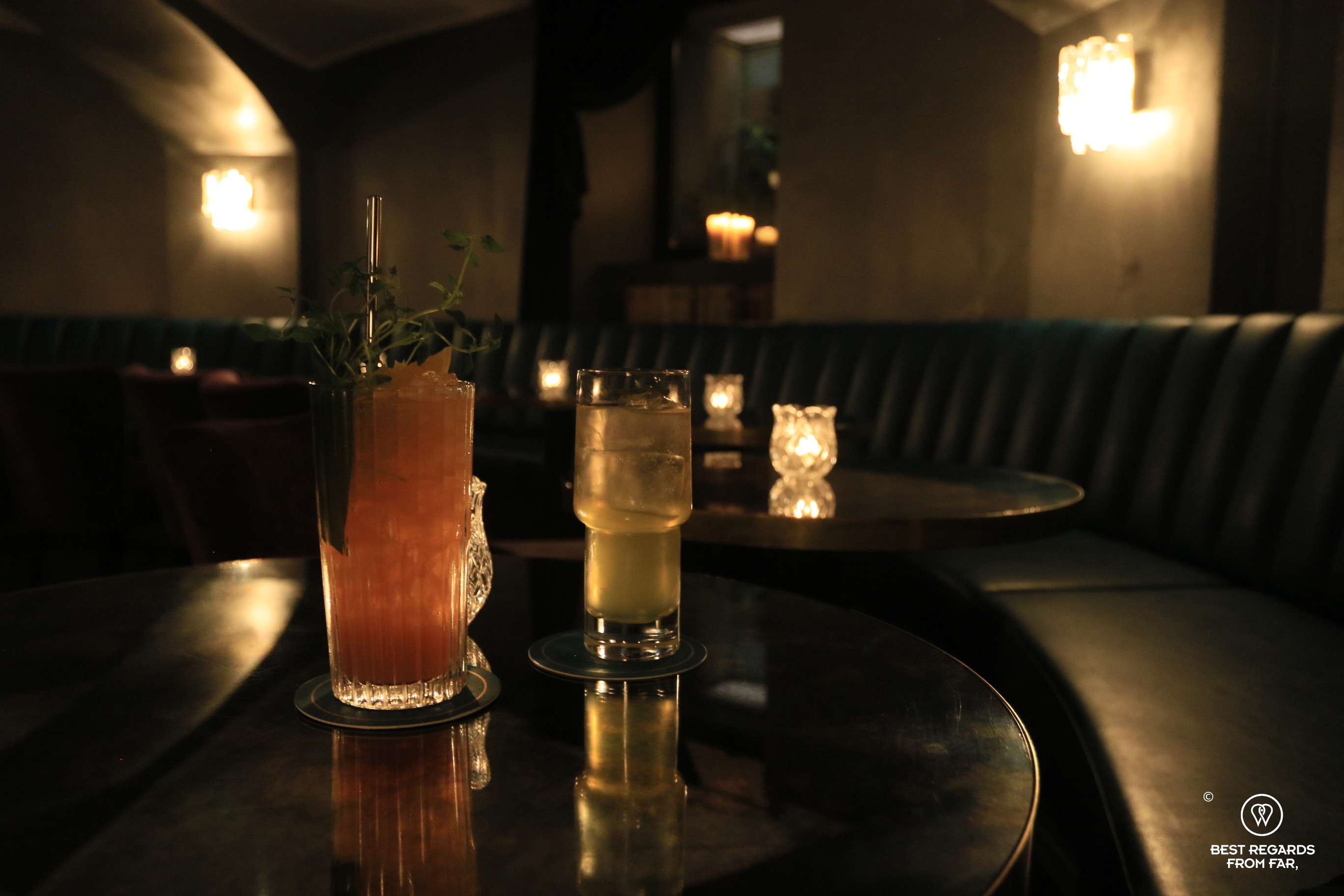 Fake Italicus Spritz and Jamaica Chix cocktails at Whisper Sister speakeasy bar, Tallinn