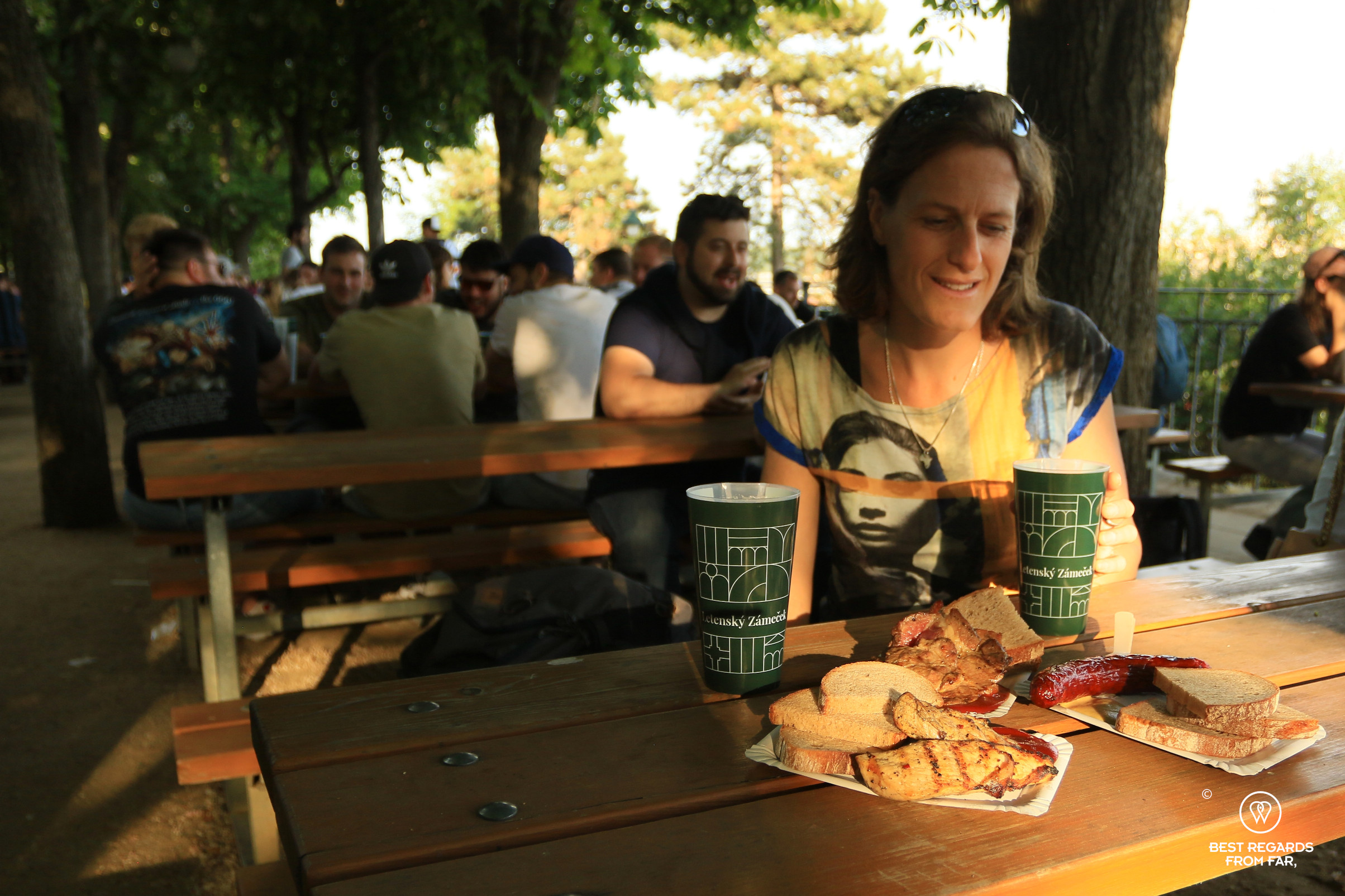 Enjoying beer and snacks at Letna beer garden, Prague