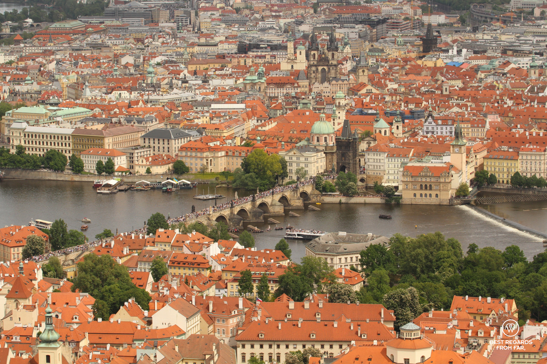 View from the Petrin Lookout Tower on Charles' Bridge, Prague