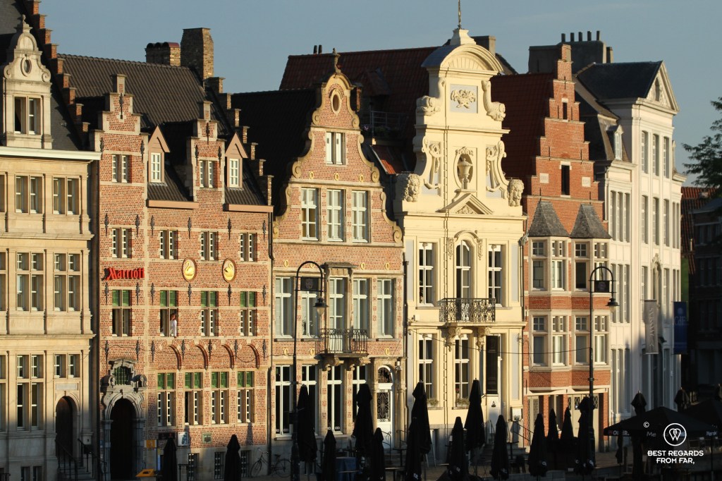 Woman at the window of the perfectly located Marriott Hotel in Ghent