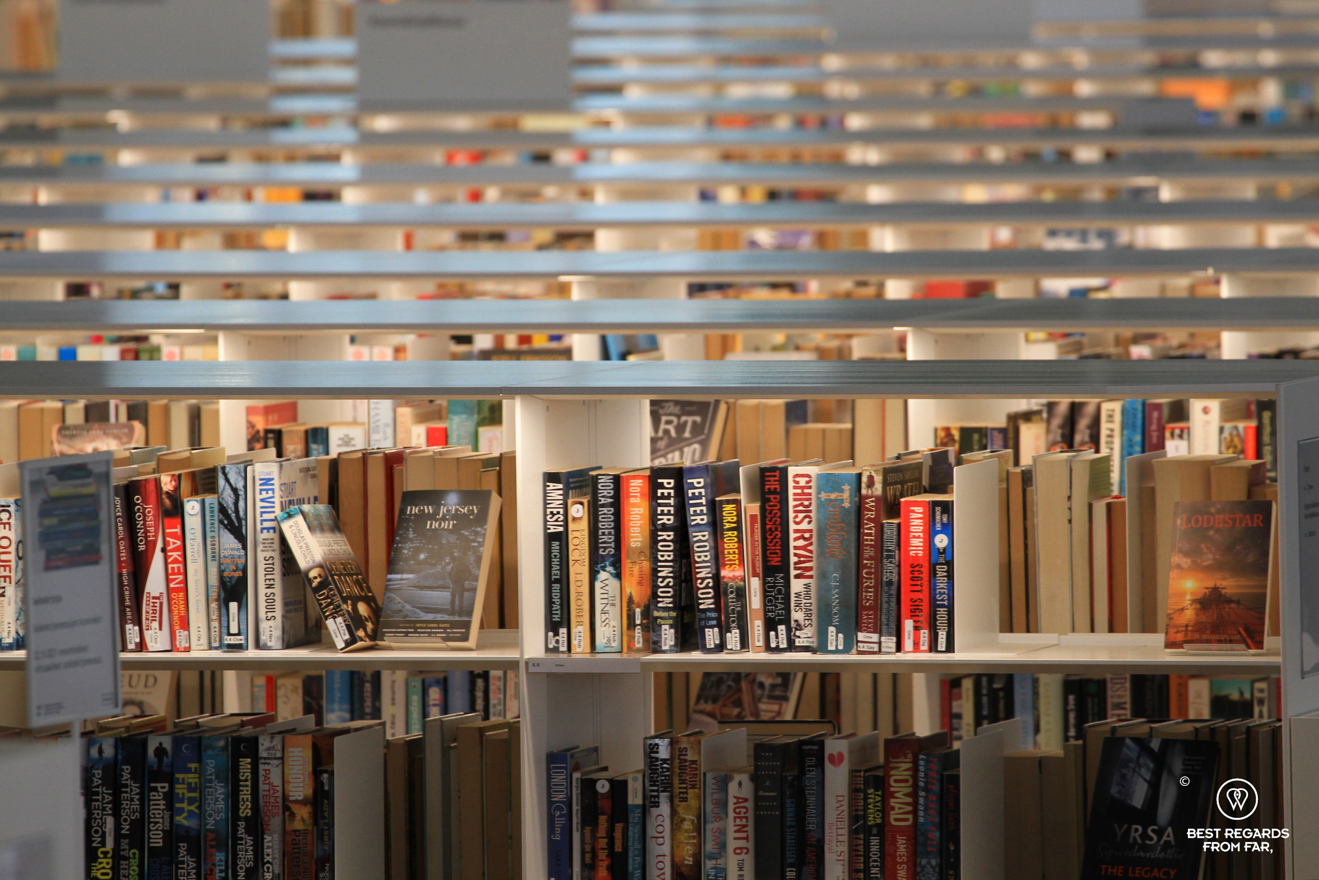 Shleves of books at the Oodi library, Helsinki