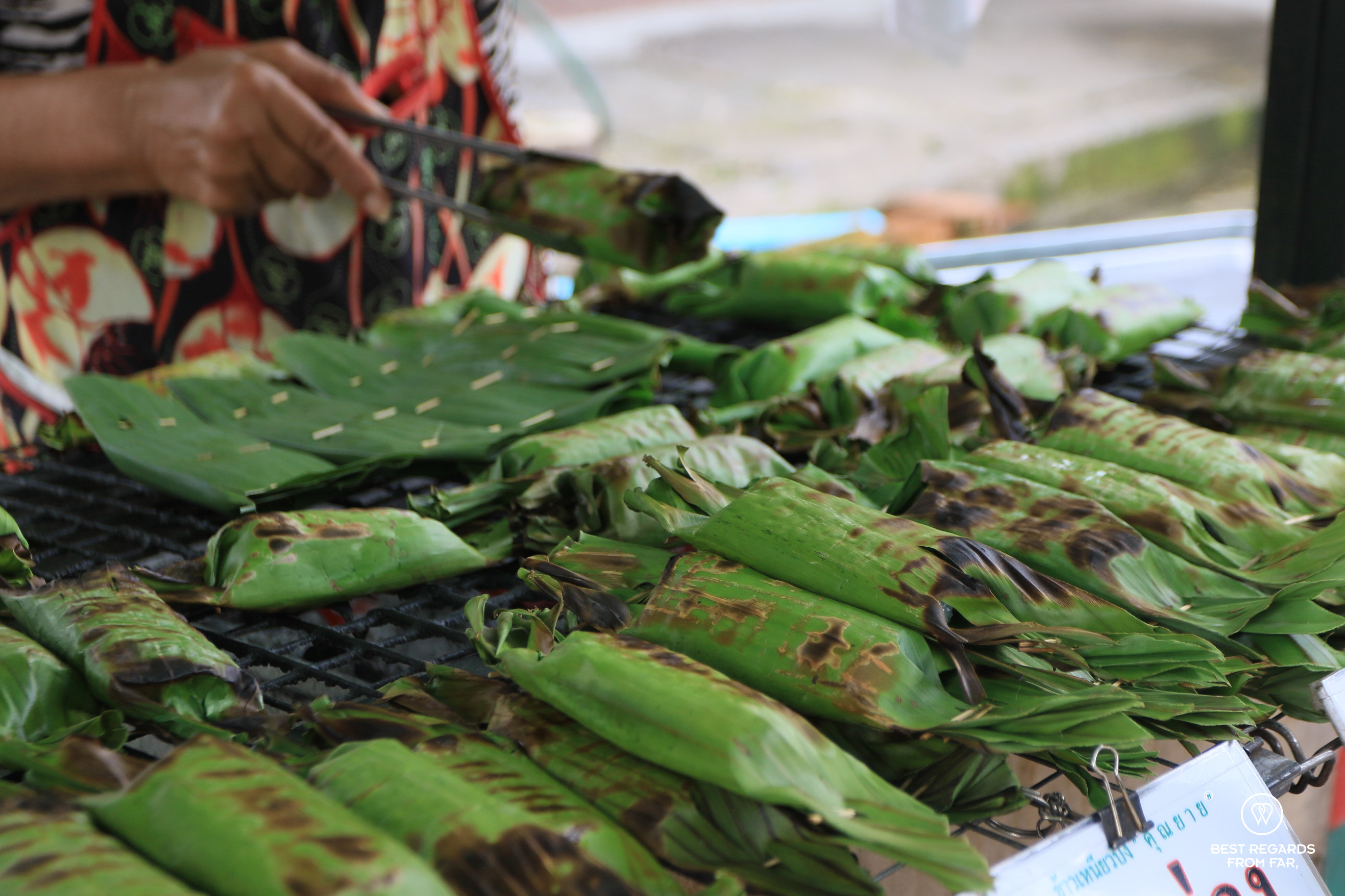 Roasted sticky rice in banana leaves, Thailand