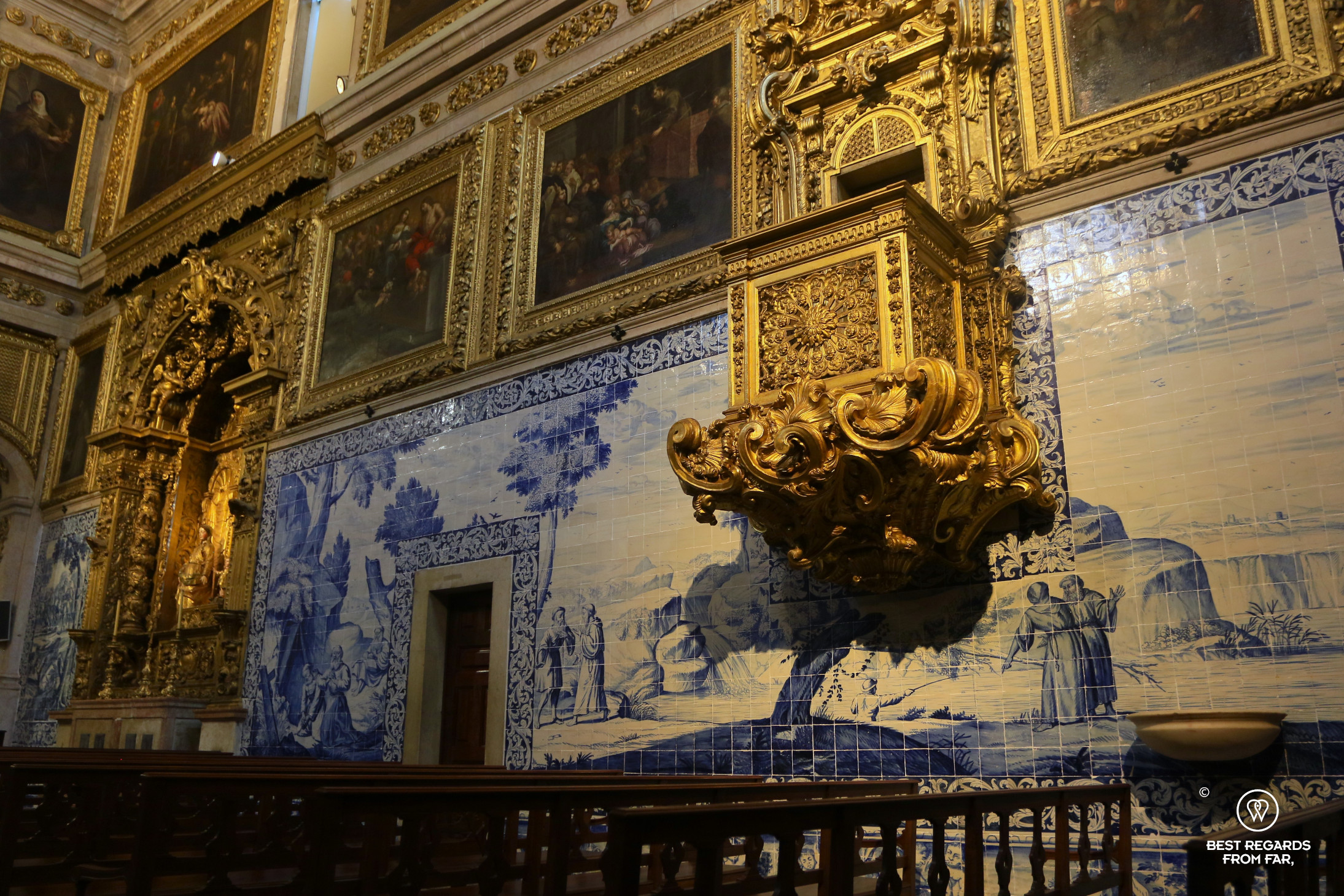 Blue and white tiles in church