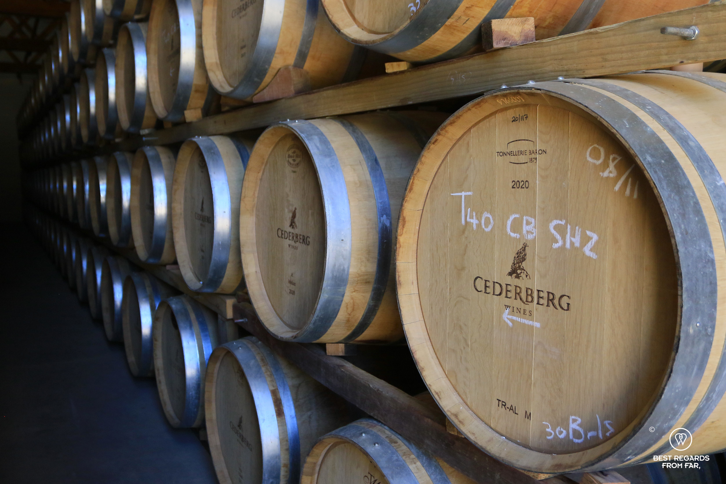 French oak barrels in the cellar at Cederberg Wines, South Africa