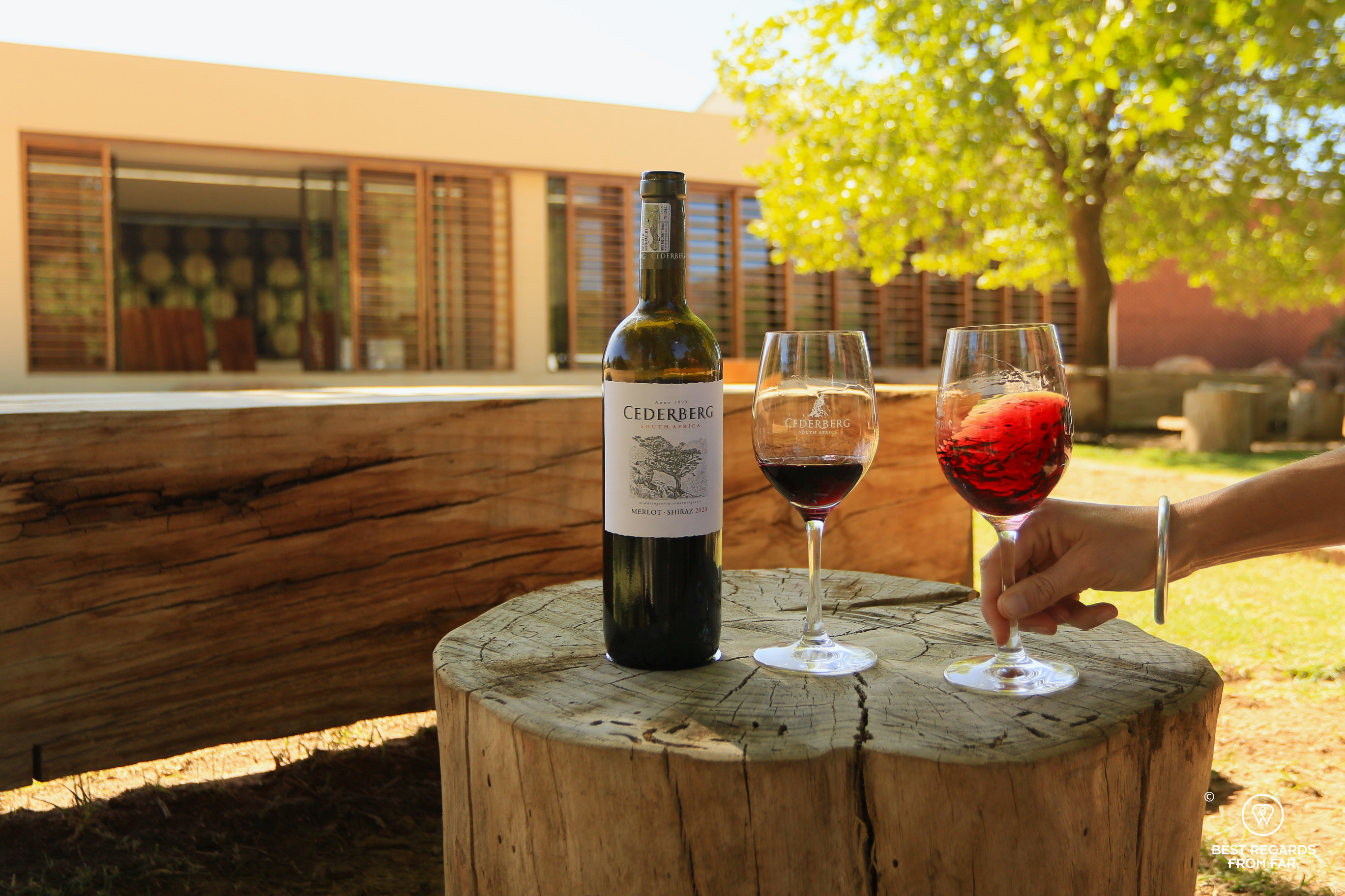 Wine tasting with a bottle and two glasses at Cederberg Wines, South Africa