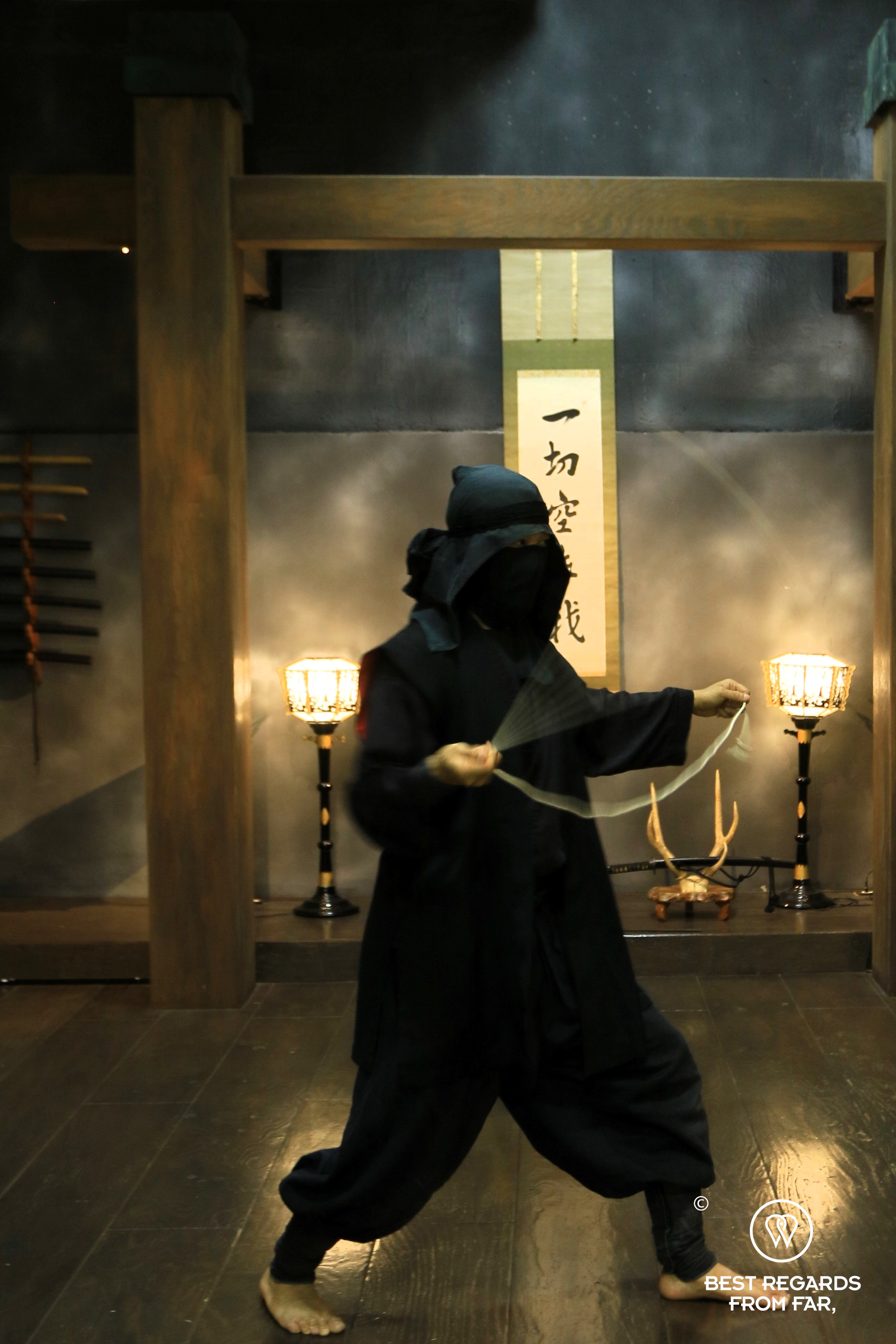 Demonstration of ninja weapons, Musashi clan dojo, Tokyo