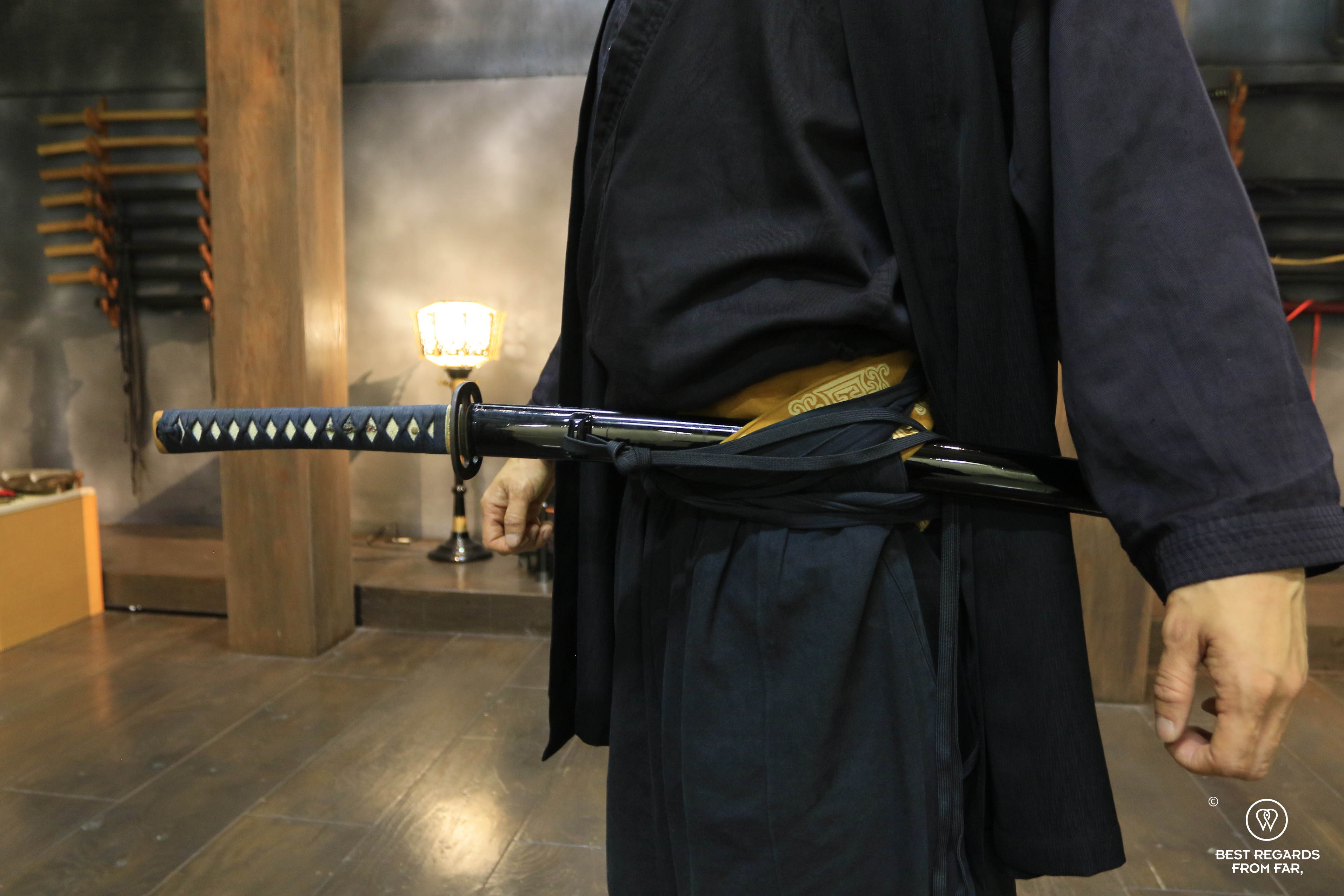 Katana practice during samurai workshop, Musashi dojo, Tokyo