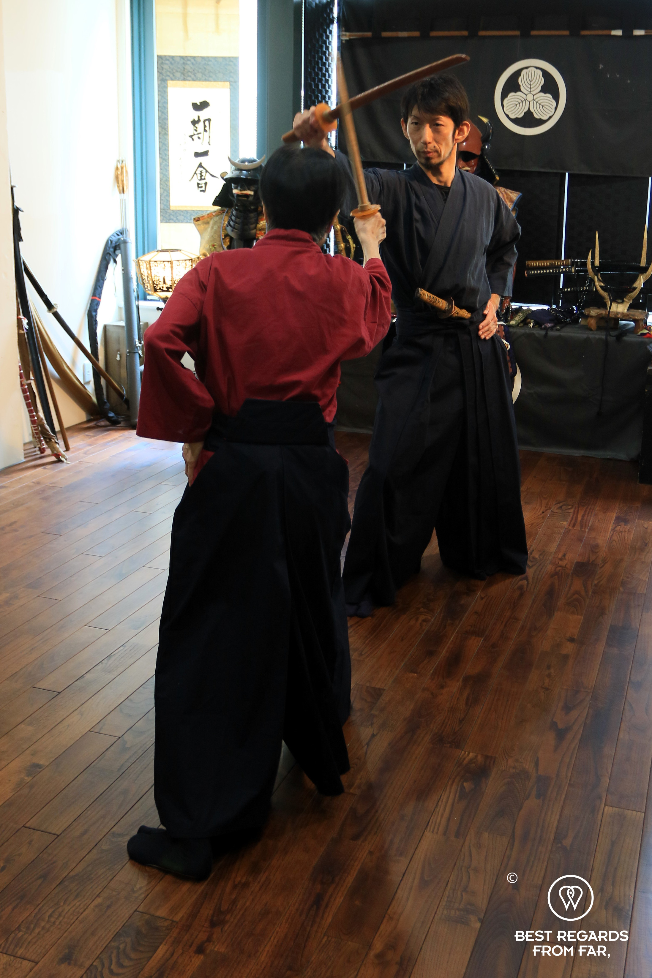 Practice during samurai workshop, Musashi dojo, Tokyo