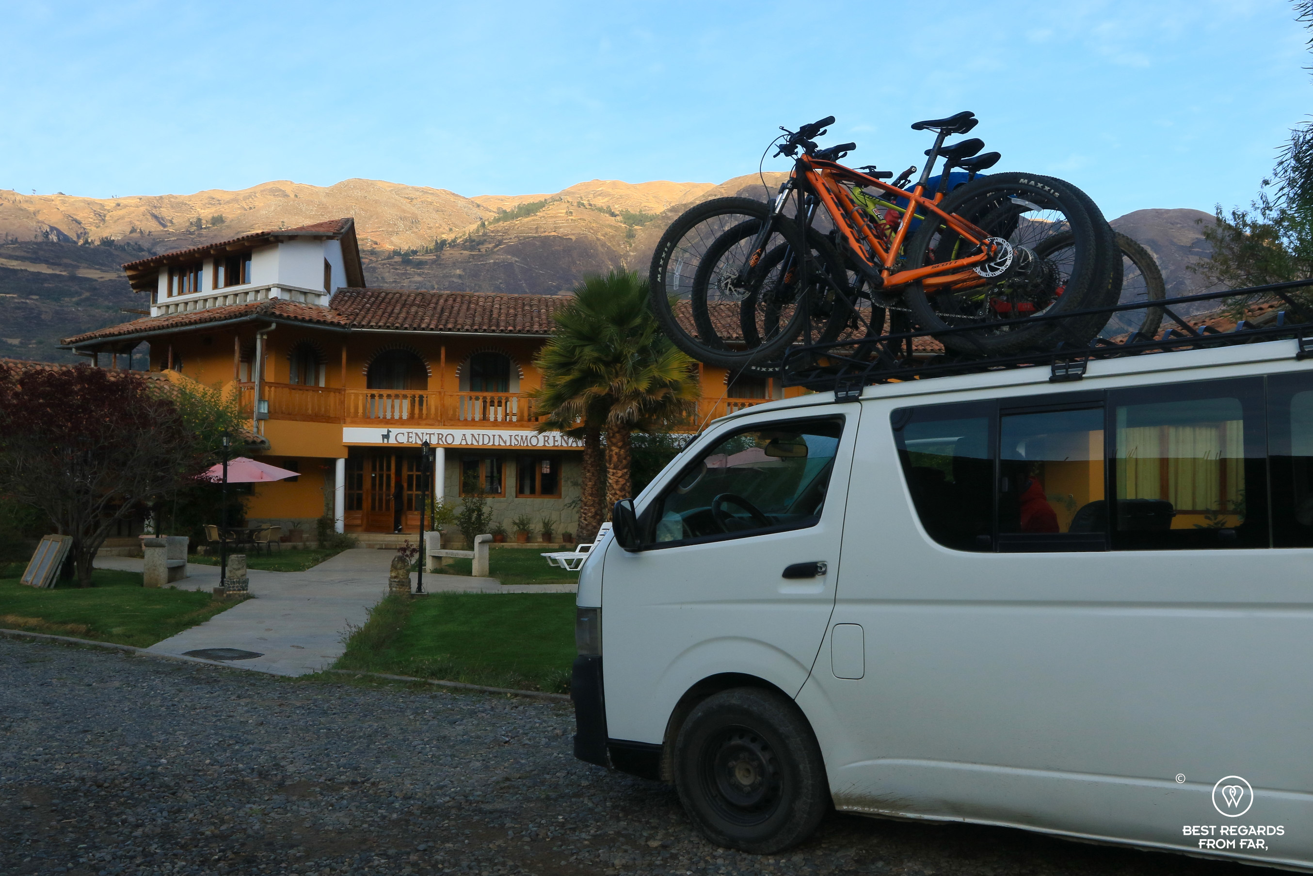 Van with mountain bikes on the roof, Cordillera Blanca, Peru
