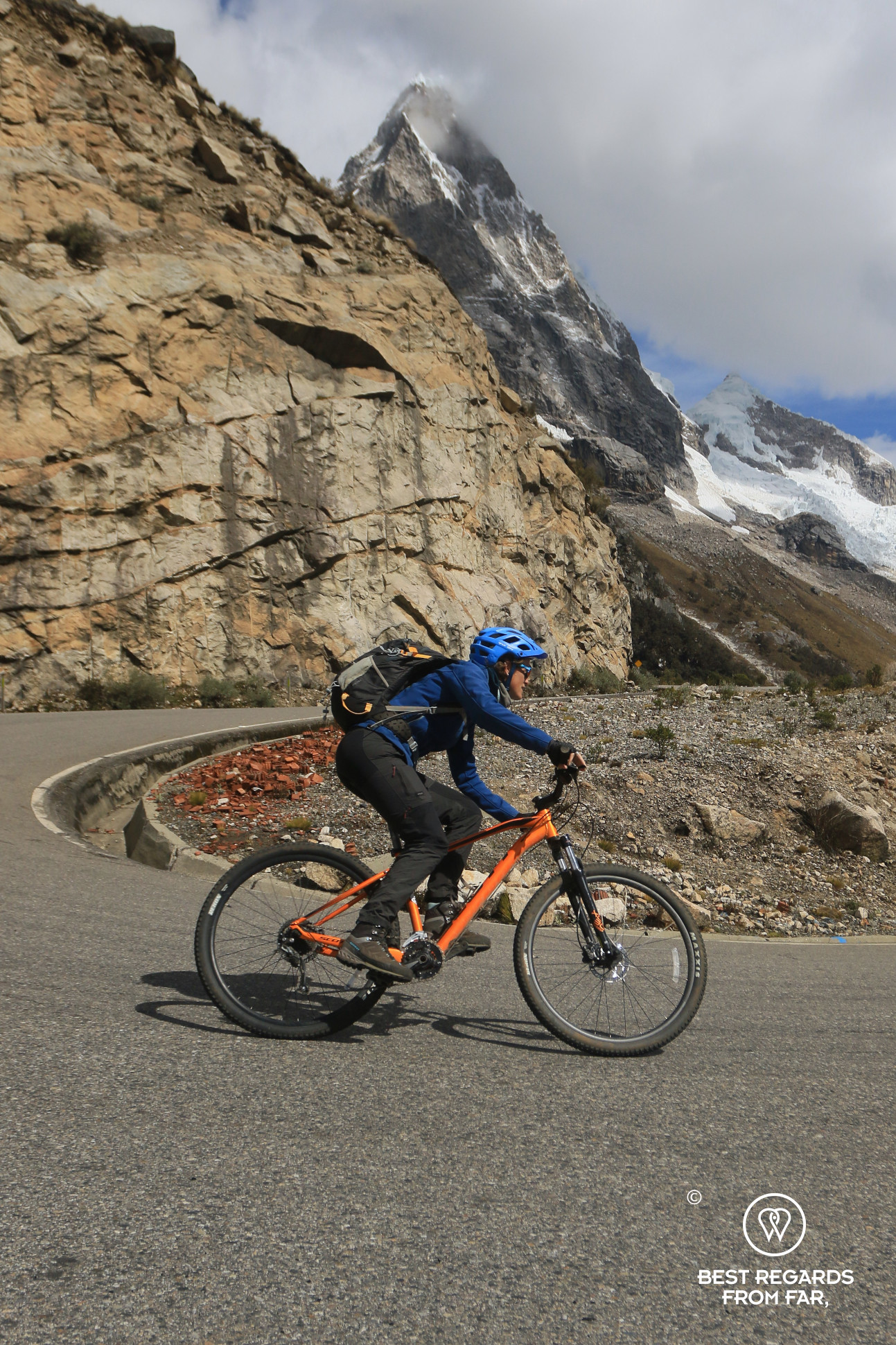 Downhill mountain biking from Punta Olimpica with Ulta Peak in the background, Cordillera Blanca, Peru