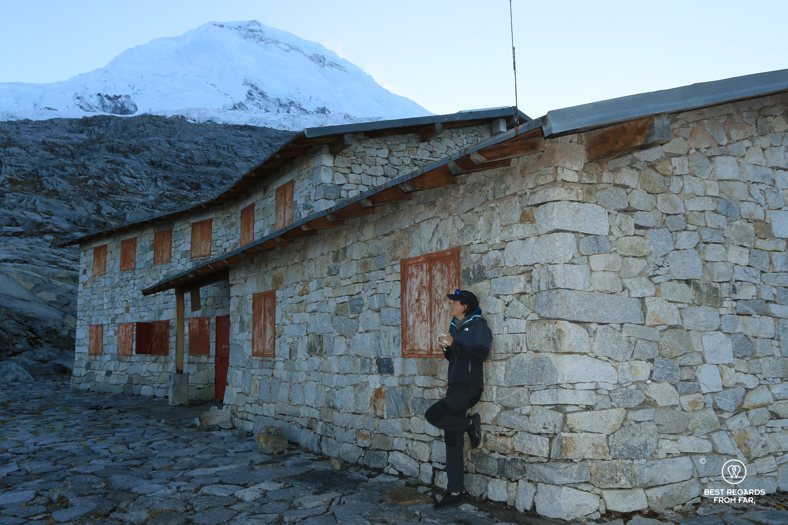Woman in front of Refugio Huascaran in the Cordillera Blanca