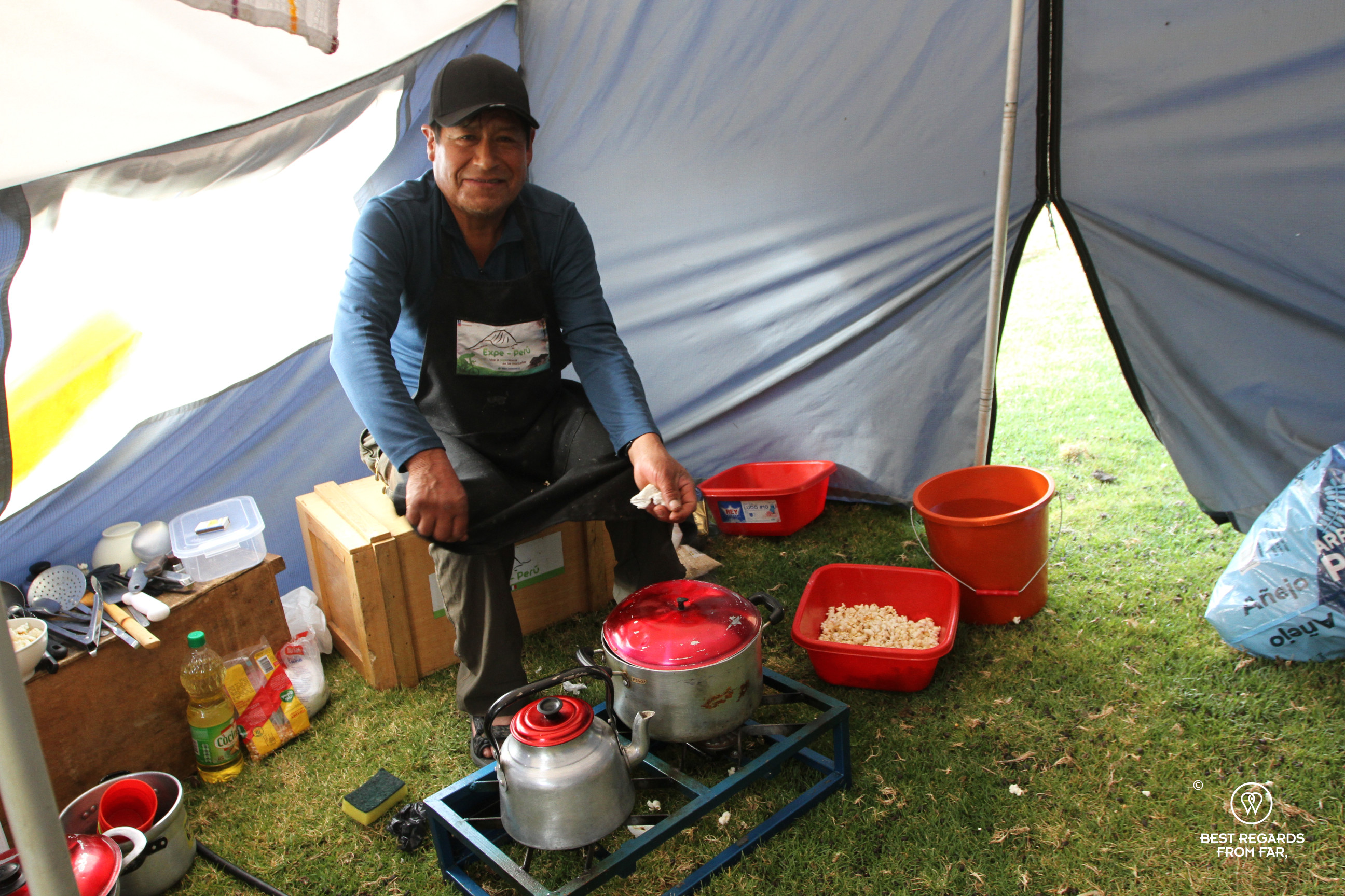 Popcorn being prepared in the cooking tent, trekking the Cordillera Blanca, Peru