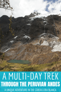 Pinterest pin with a mountain lake and glaciers in Peru.