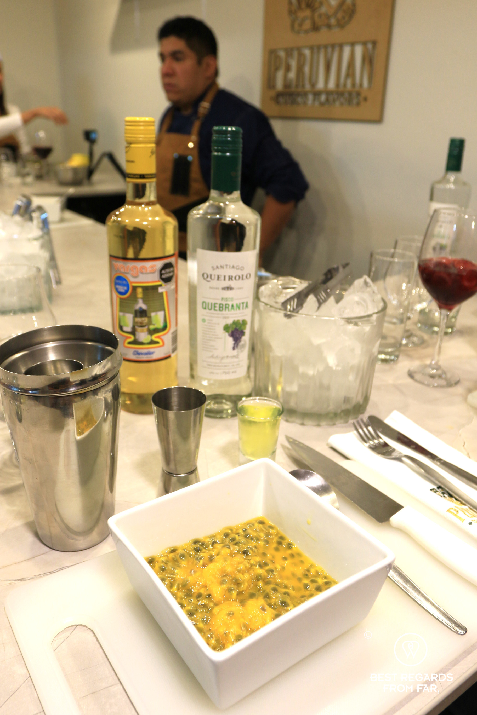 Preparing a Maracuja Pisco Sour, Peruvian Cusco Flavors