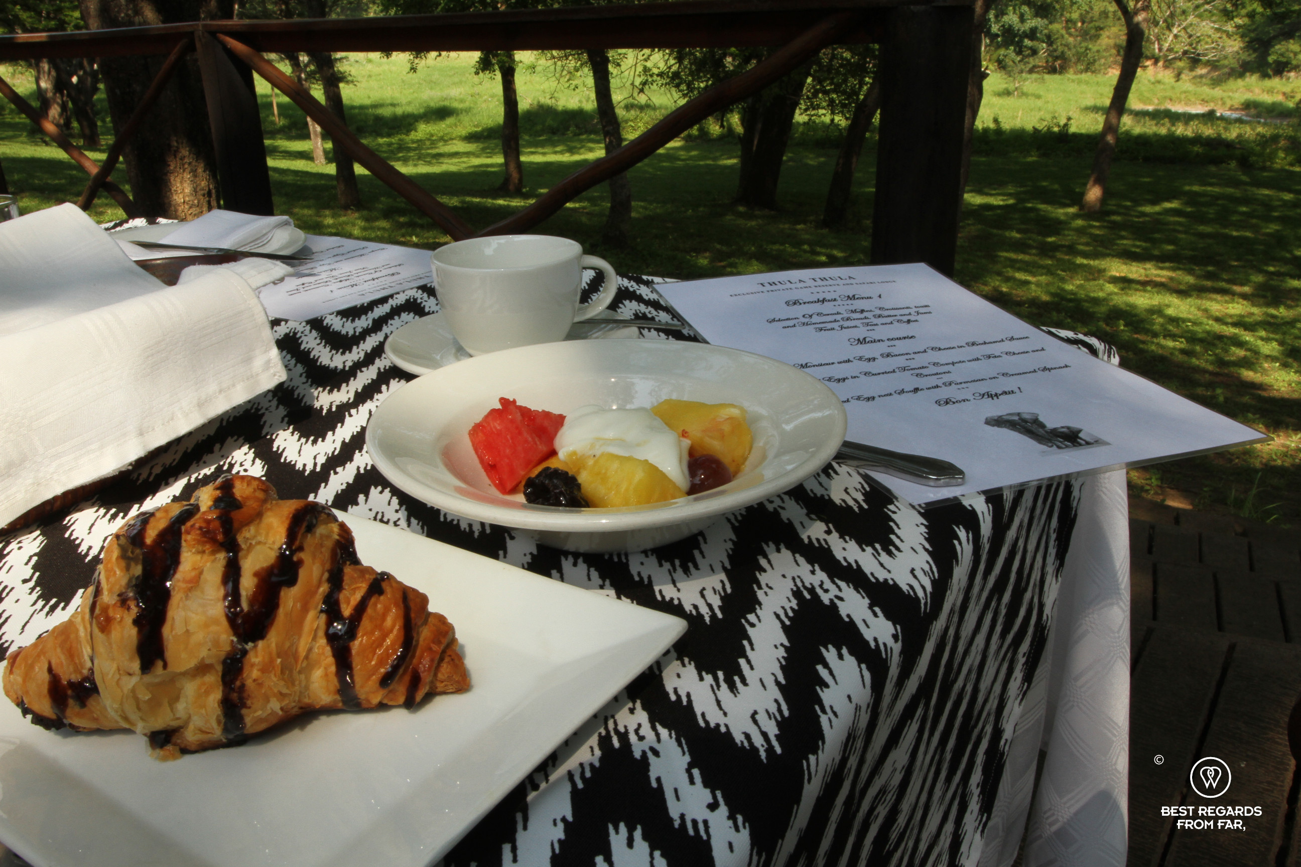 Croissant with chocolate and fruits and yoghurt at the lodge of Thula Thula Game Reserve, South Africa