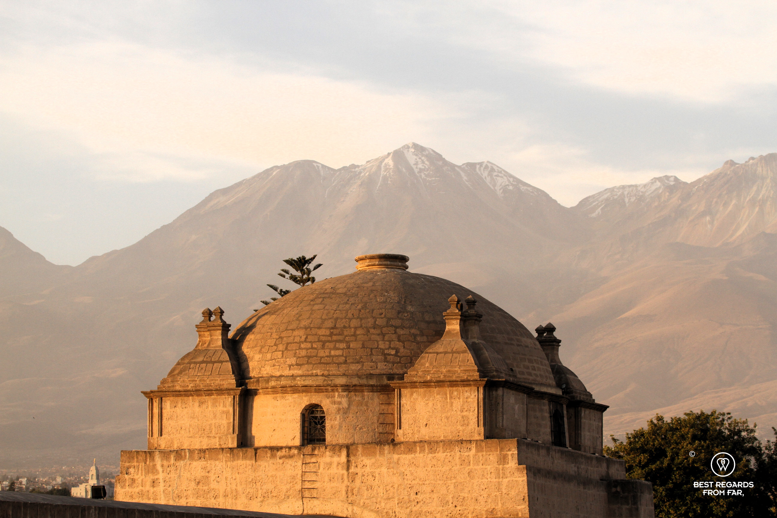 Monastery of Santa Catalina with the Chachani Volcano inthe background, Arequipa
