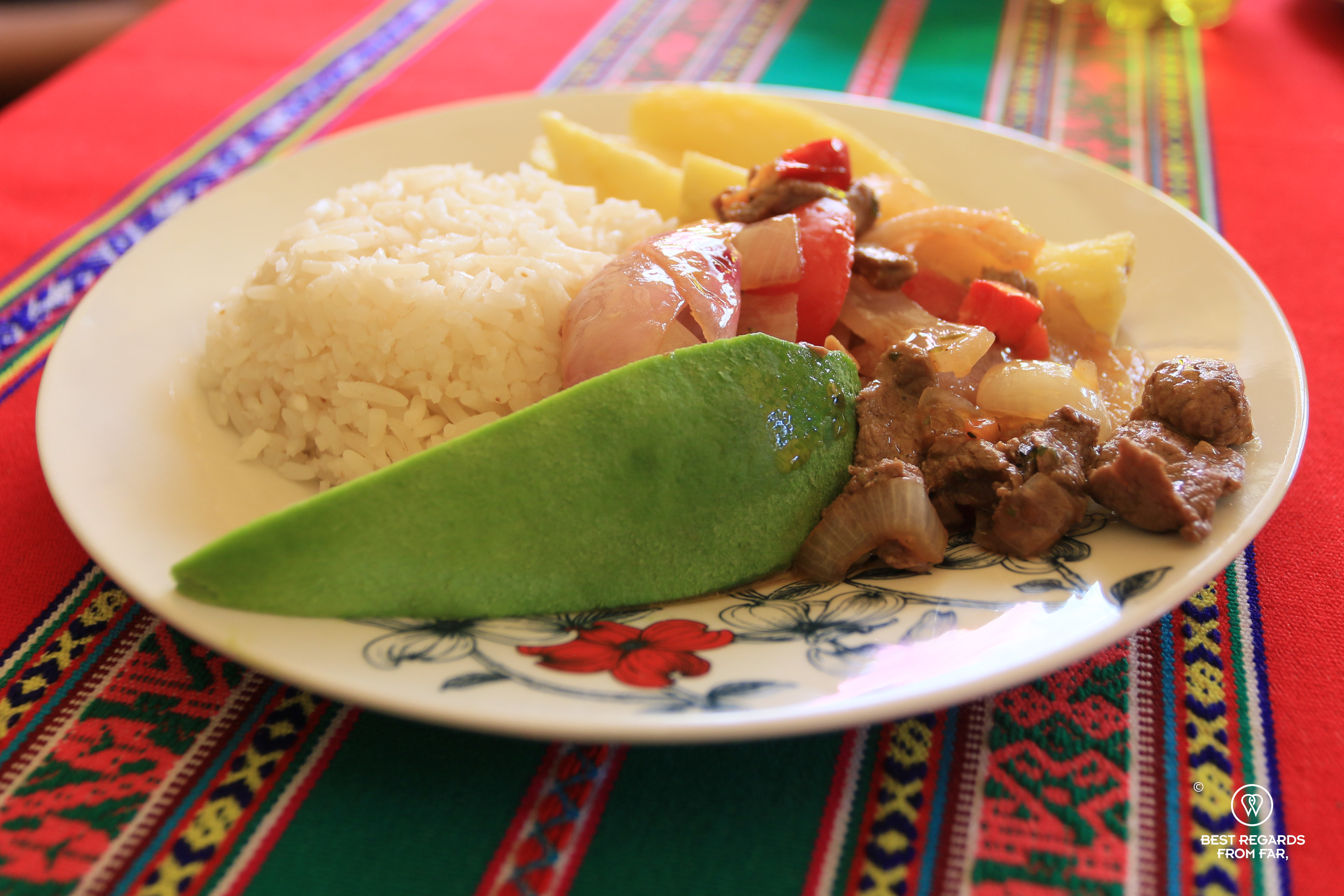 Plate of lomo saltado of alpaca