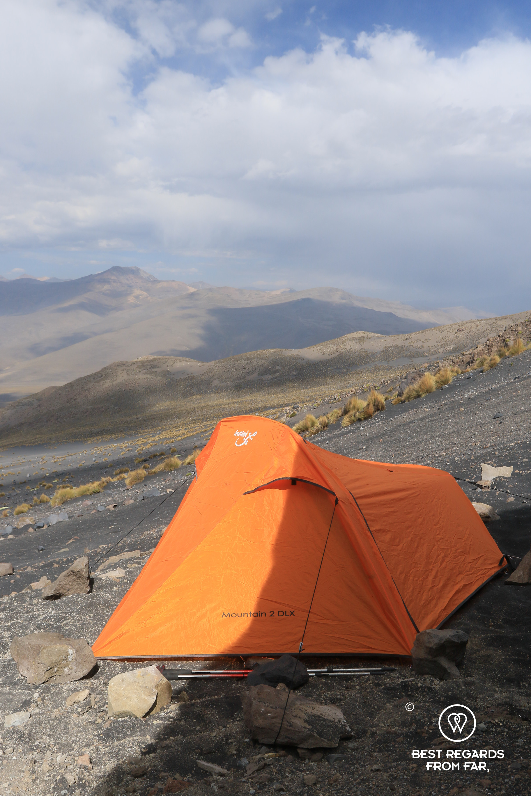Freetime Outdoor tent along the volcanic slope of the Misti Volcano at base camp