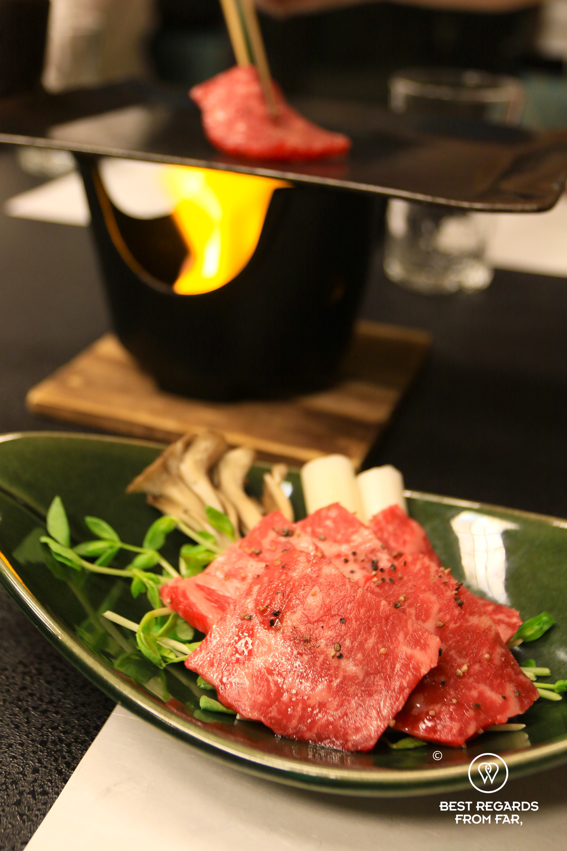 Horse meat during a kaiseki dinner in a ryokan in Kurokawa