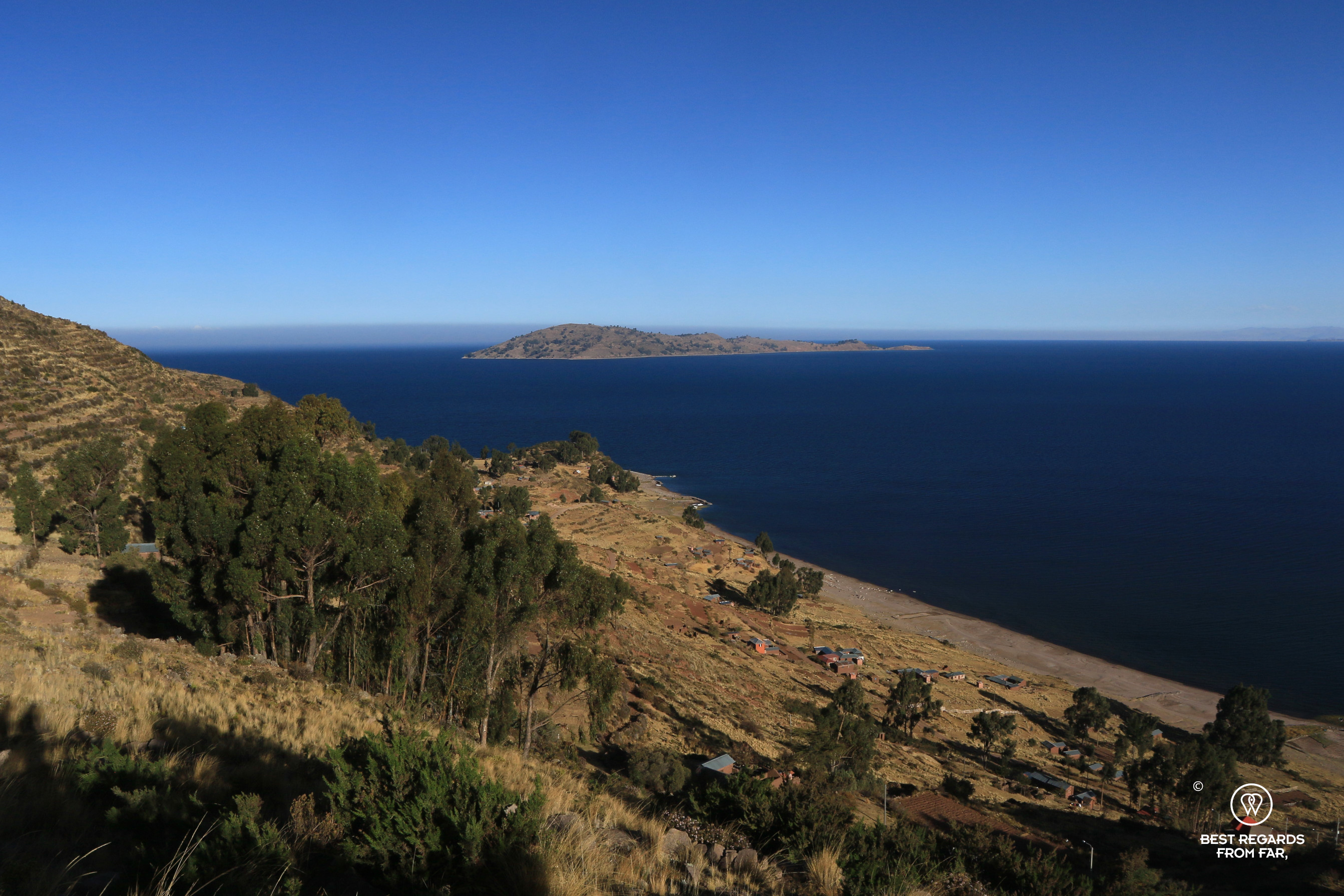 View on Lake Titicaca from the mirador on the Llachon Peninsula