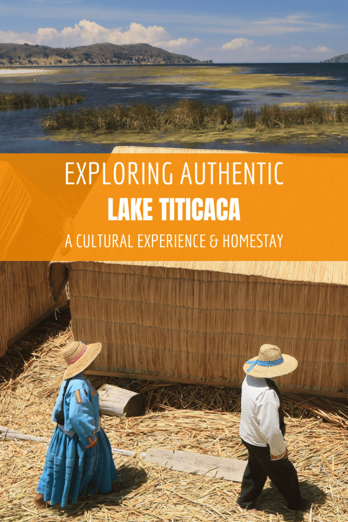 Pinterest pin with two people living on a floating island on Lake Titicaca