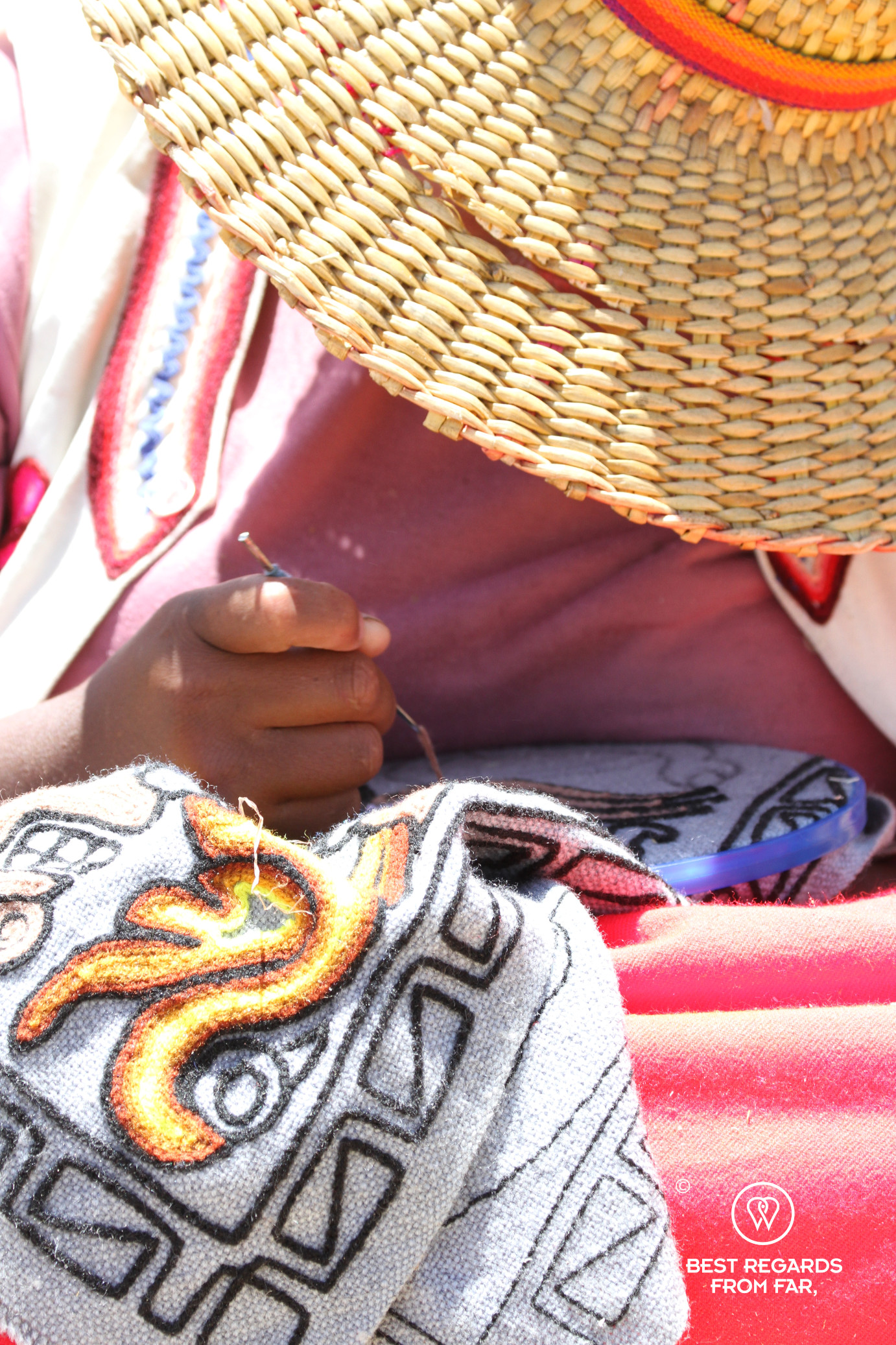 Making handicraft on Uros Titino floating island, Lake Titicaca