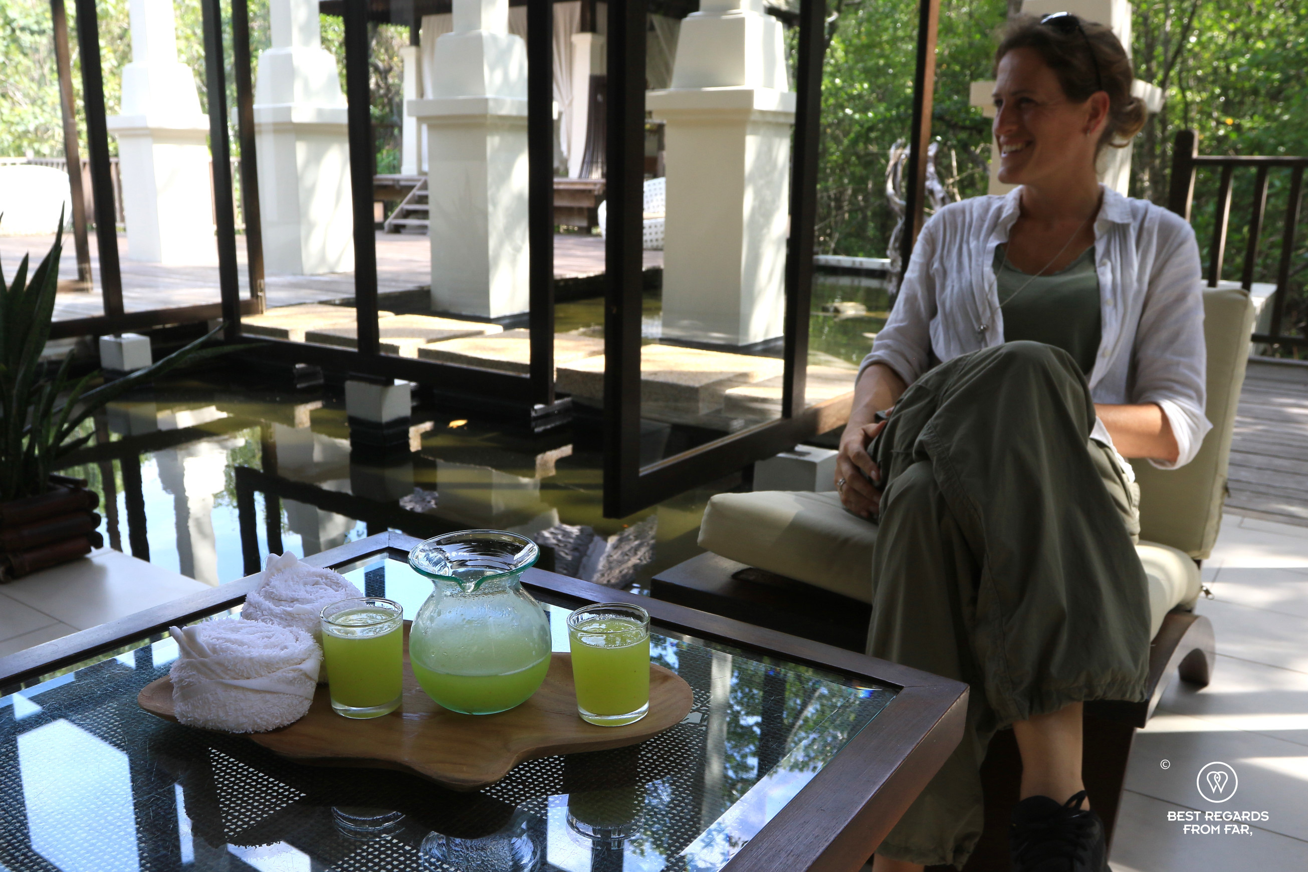 Author Marcella van Alphen in the Spa Village of the Gaya Island Resort.