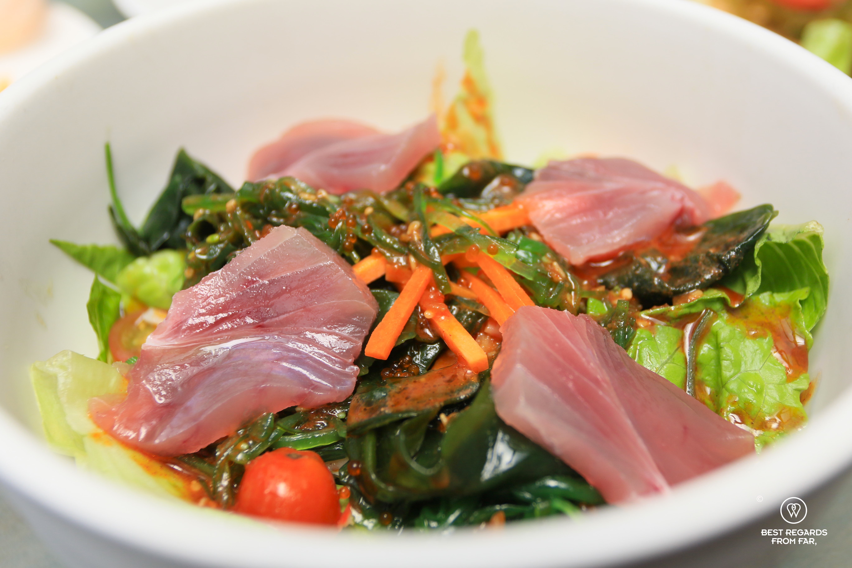 Close up of a tuna wakame salad.