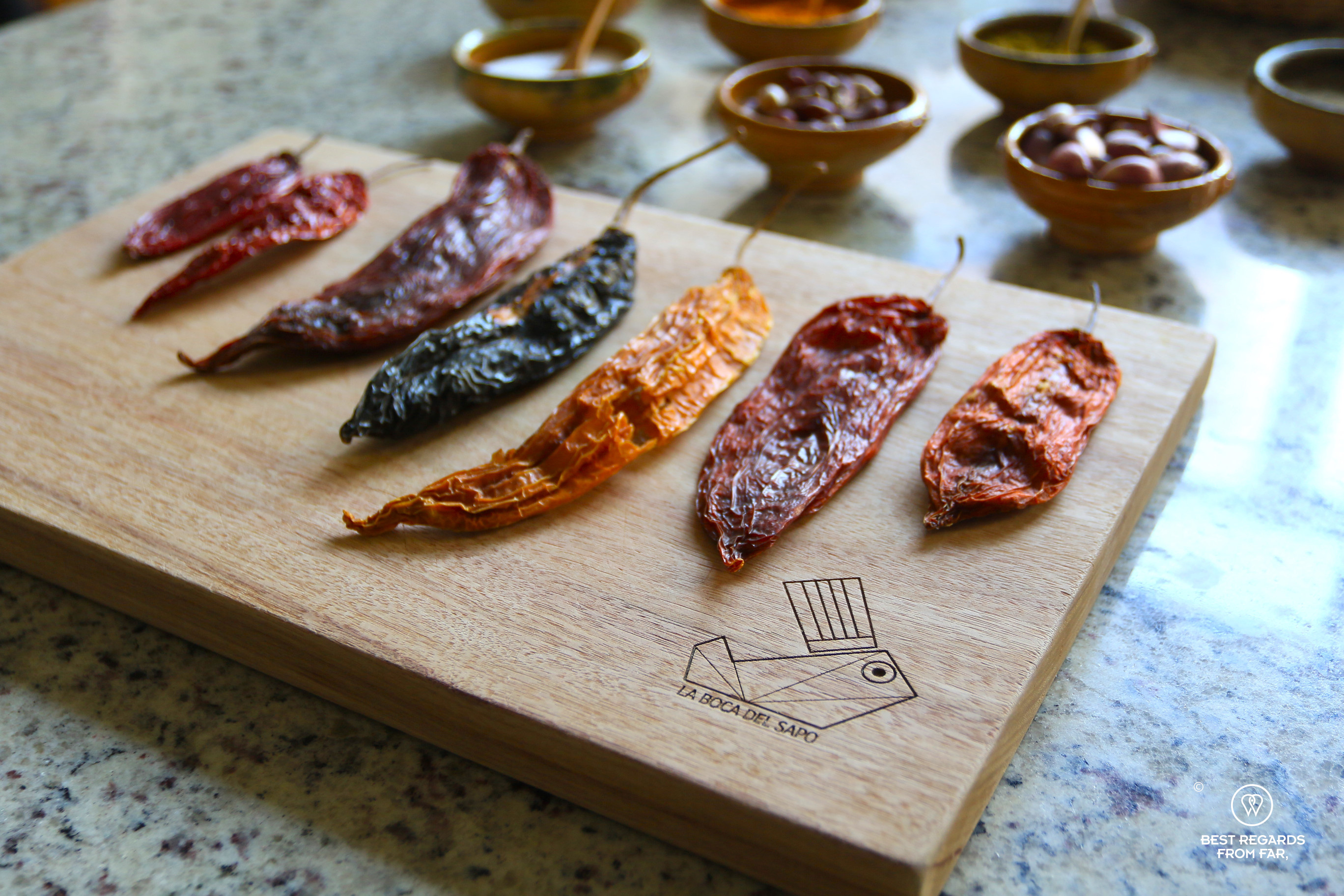 Dehydrated chilies of Bolivia on a cutting board.