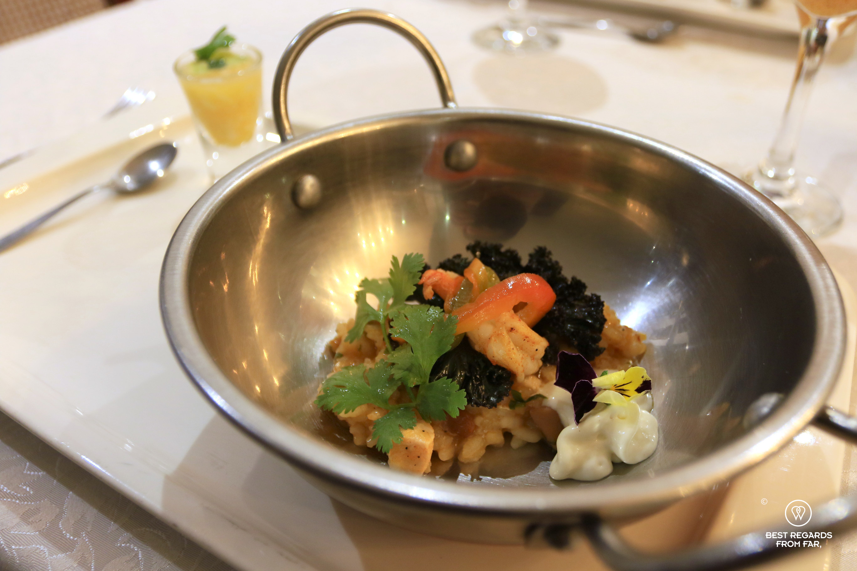 Seafood risotto with paiche fish and river shrimp at El Solar Restaurant in Sucre, Bolivia.