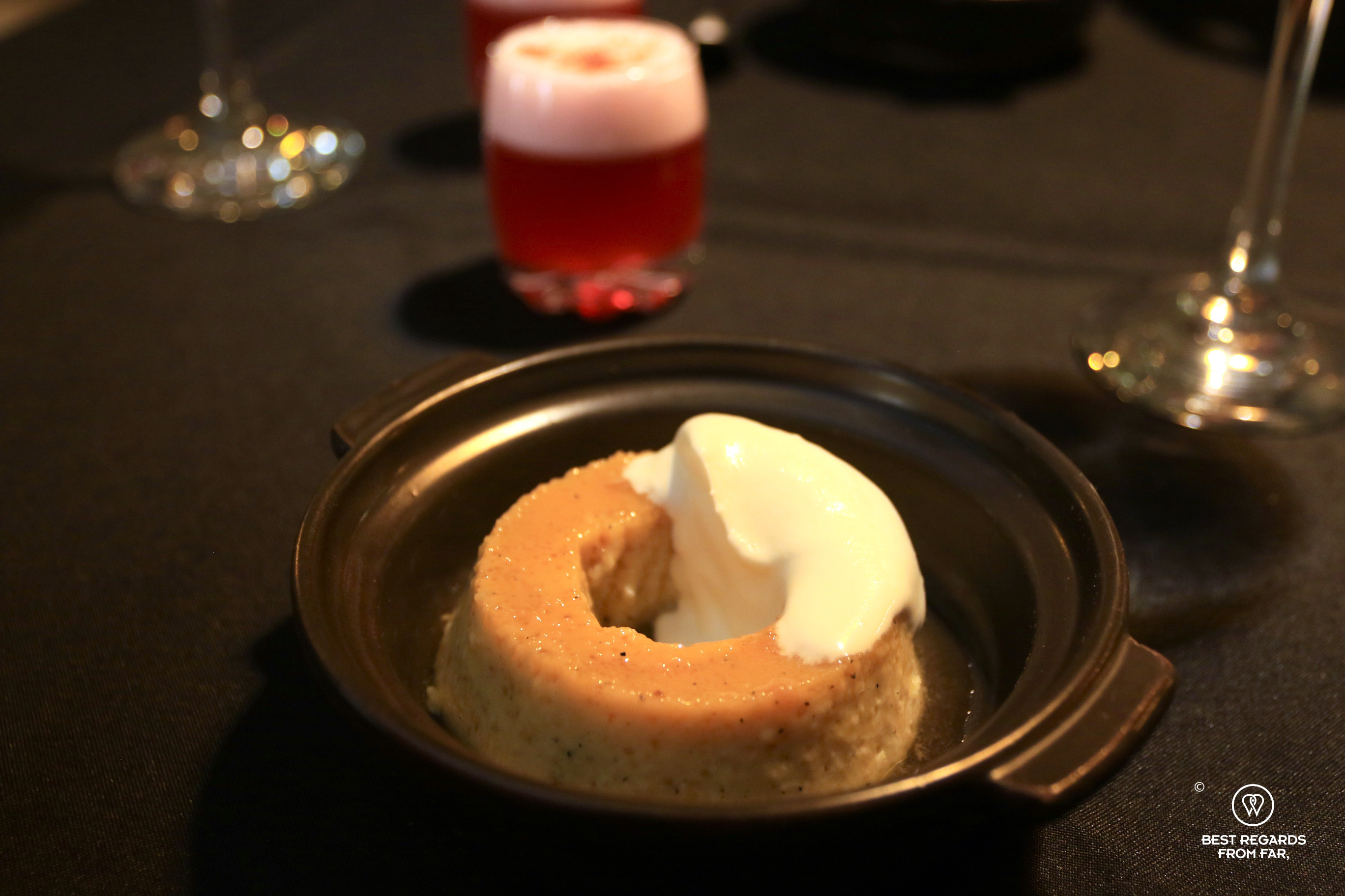 Roasted corn flan dessert at Proyecto Nativa restaurant in Sucre, Bolivia.