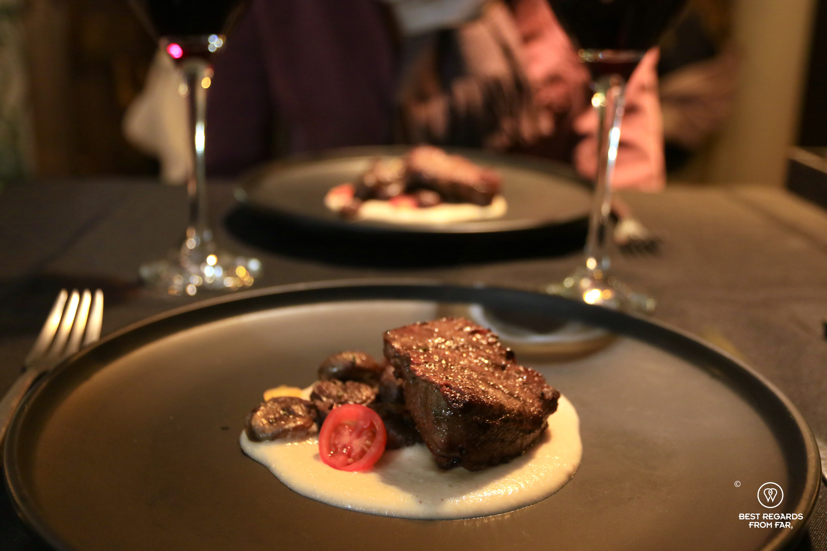 Mushrooms and BBQ beef at Proyecto Nativa Restaurant in Sucre, Bolivia.