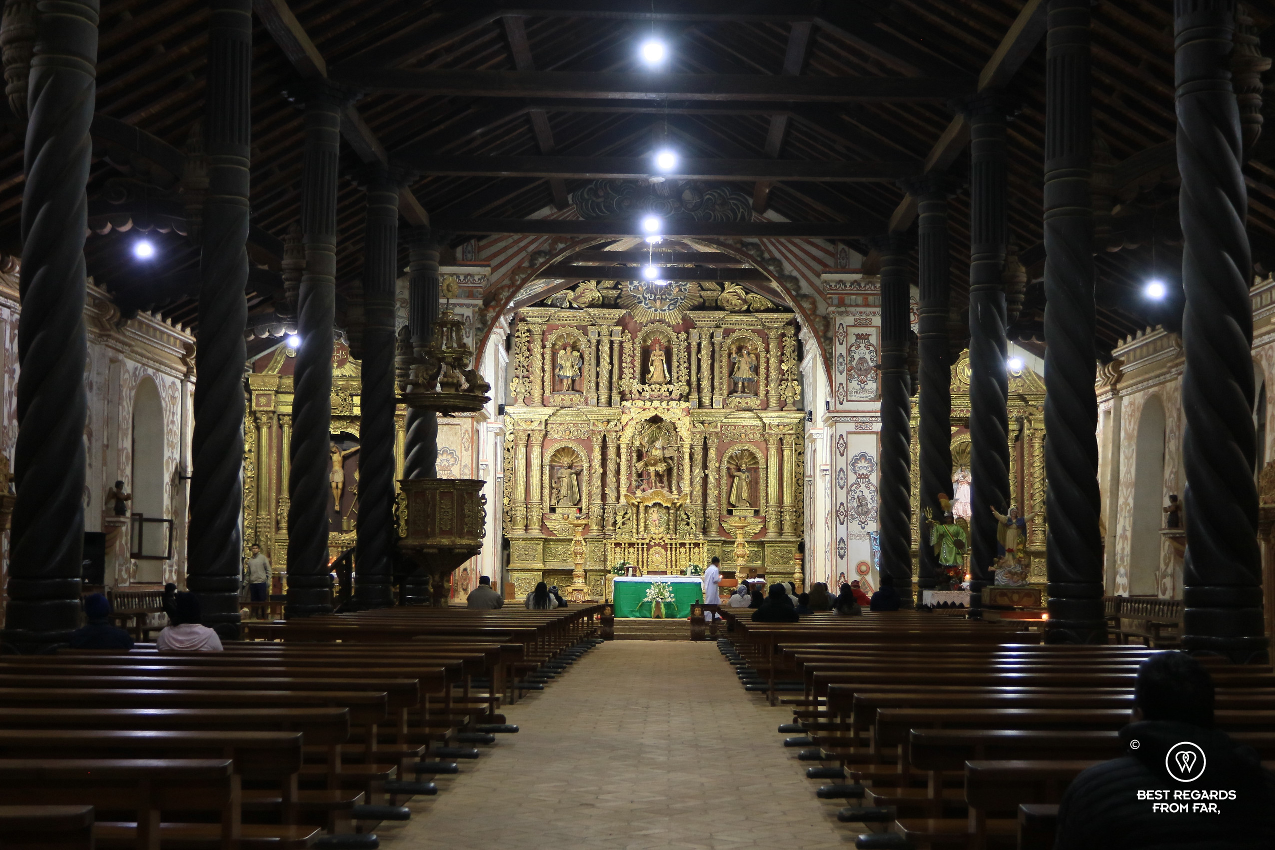 The inside of the San Miguel Jesuit mission church, Bolivia.
