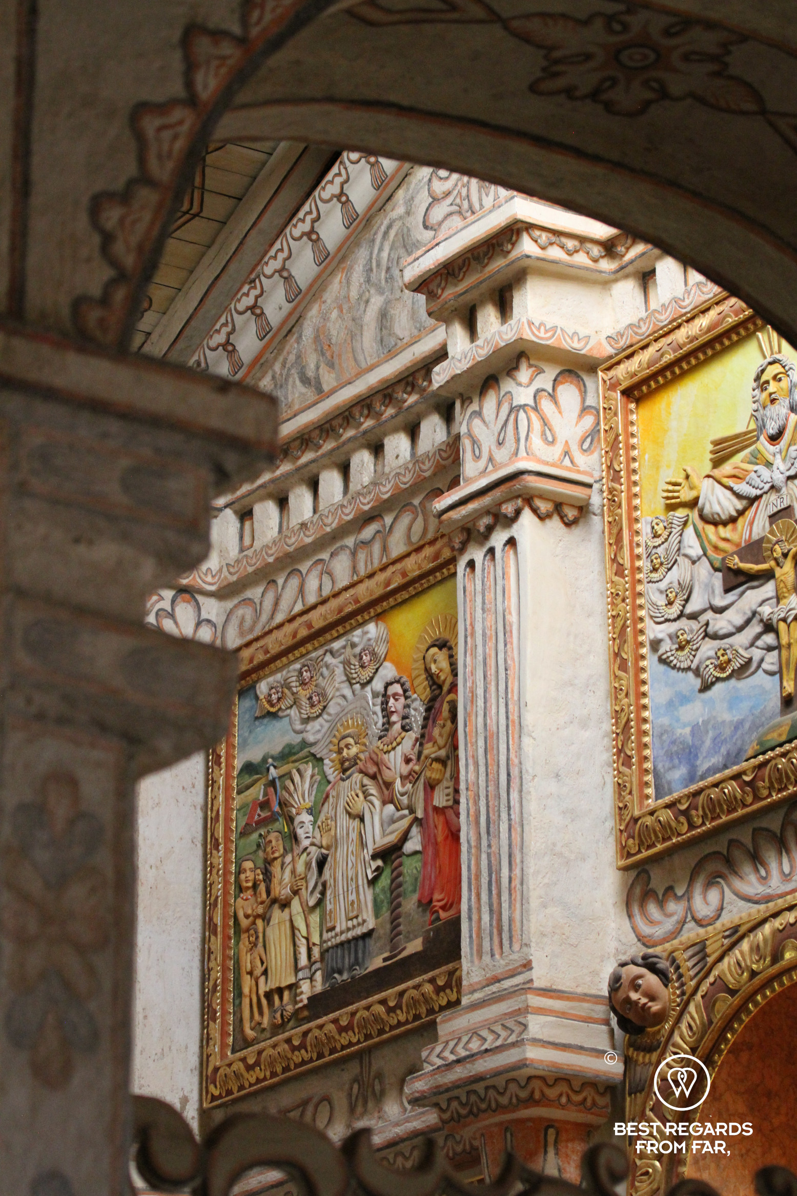 Details of the white inside of the San Xavier Jesuit mission church.