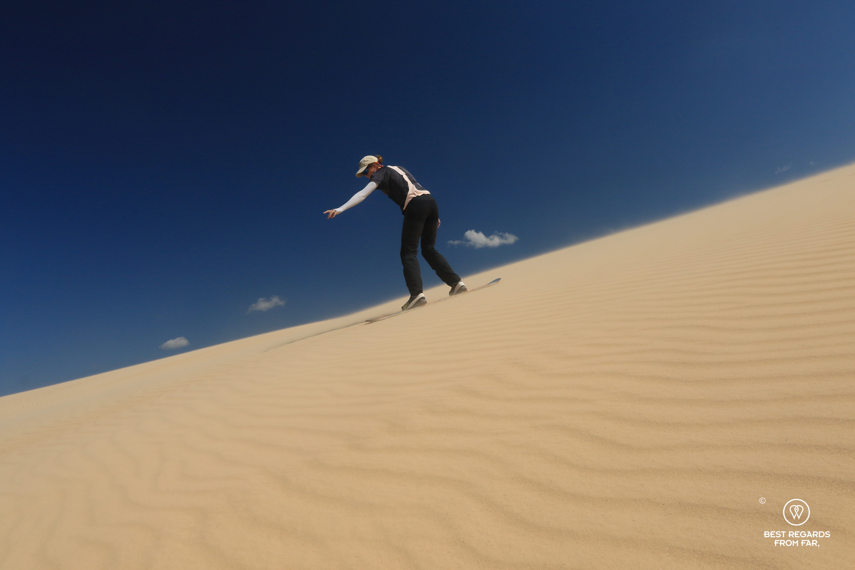 Author Marcella van Alphen sand-boarding Lomas de Arena.