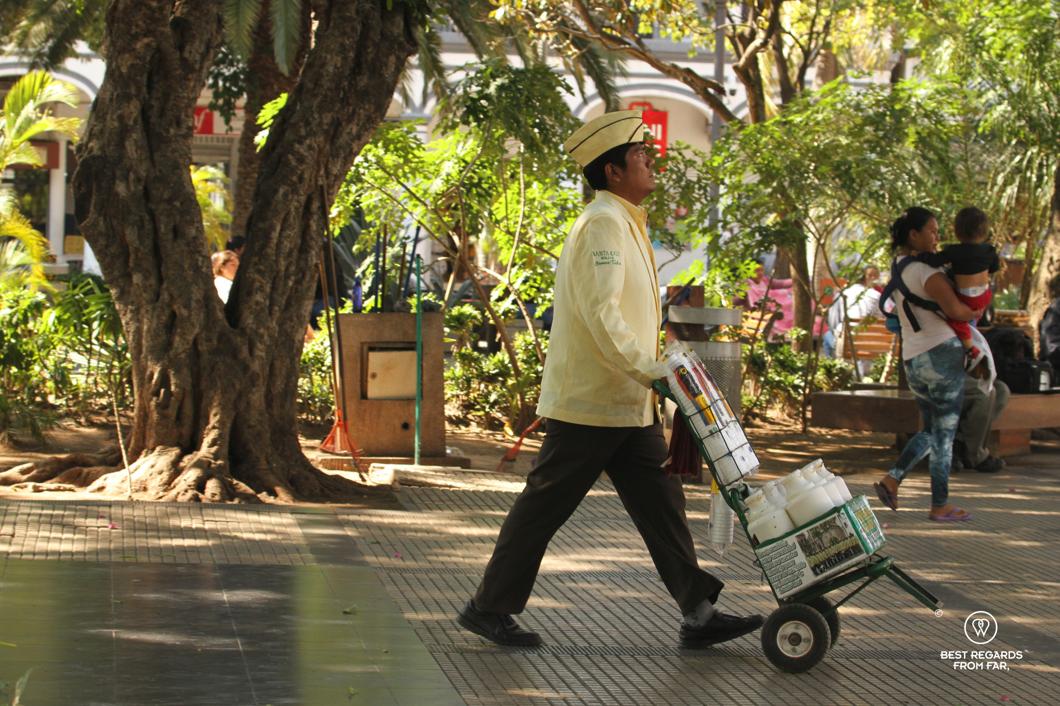 Street vendor selling drinks on the main square of Santa Cruz de la Sierra.