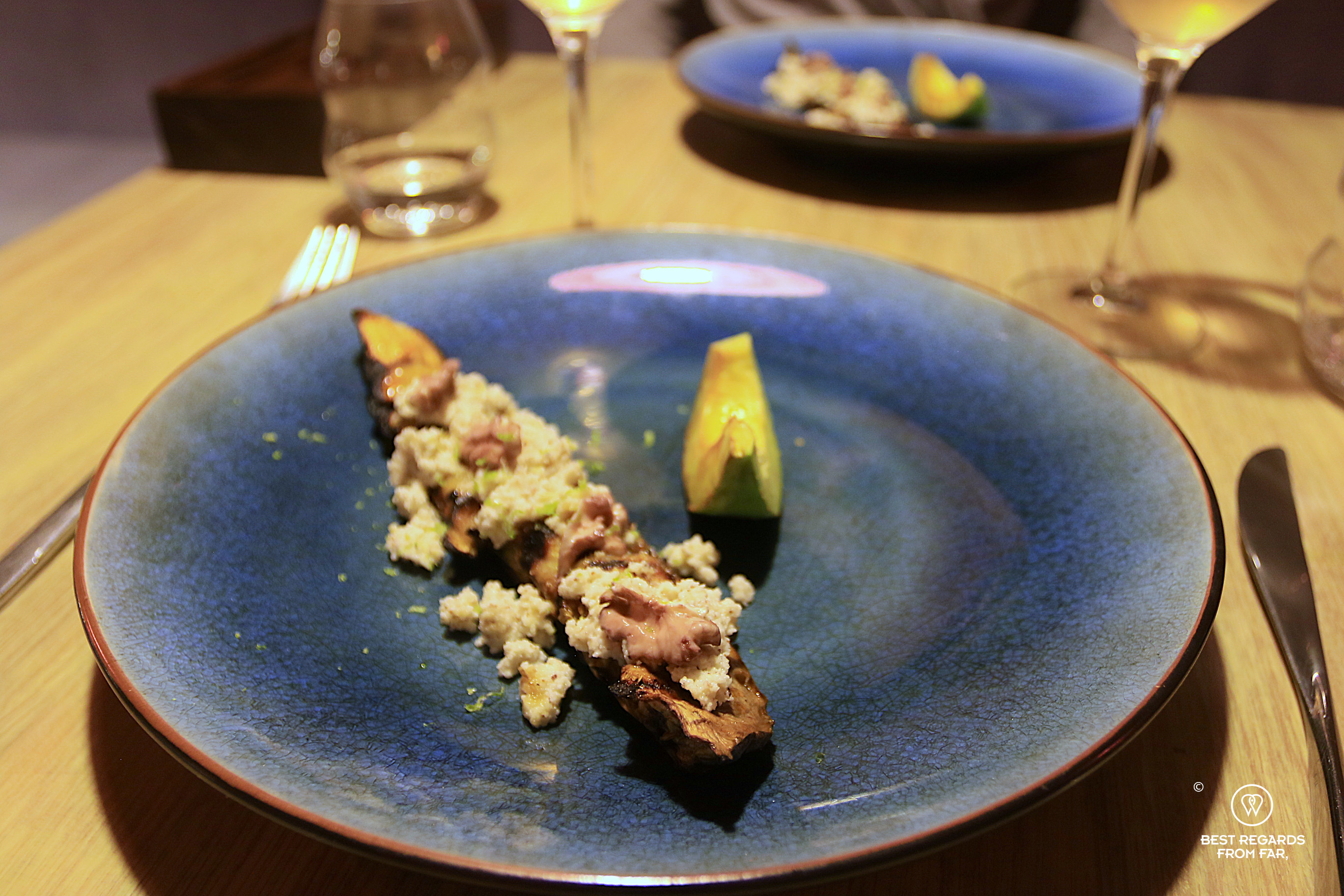 Grilled eggplant with walnuts at Ali Pacha restaurant in La Paz.