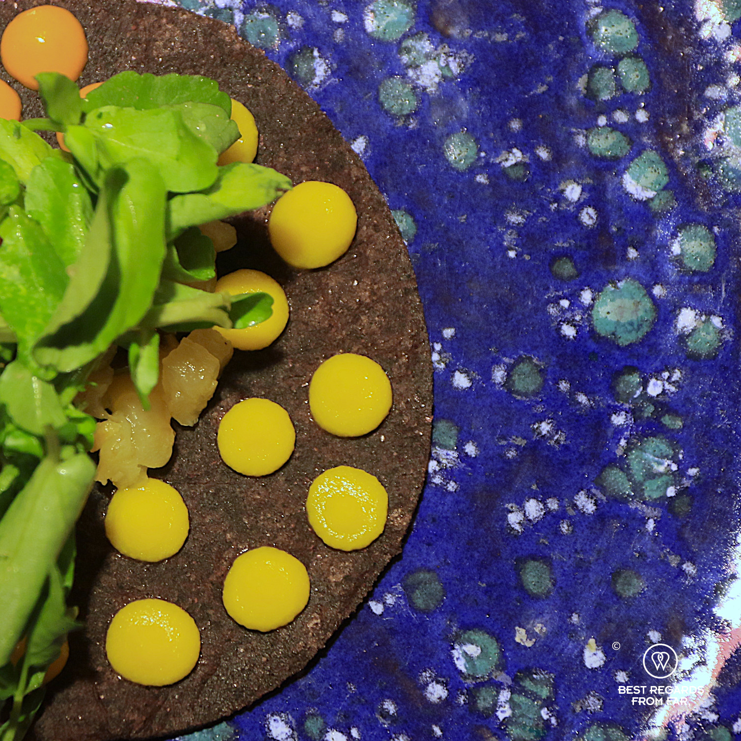 Colorful taco with an emulsion of calabash and chili at Ali Pacha restaurant in La Paz.