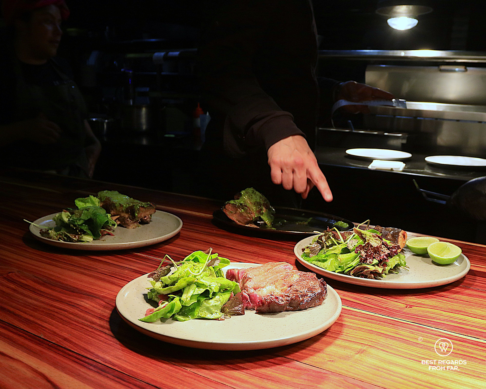 Dishes on the kitchen counter at Ancestral restaurant in La Paz.