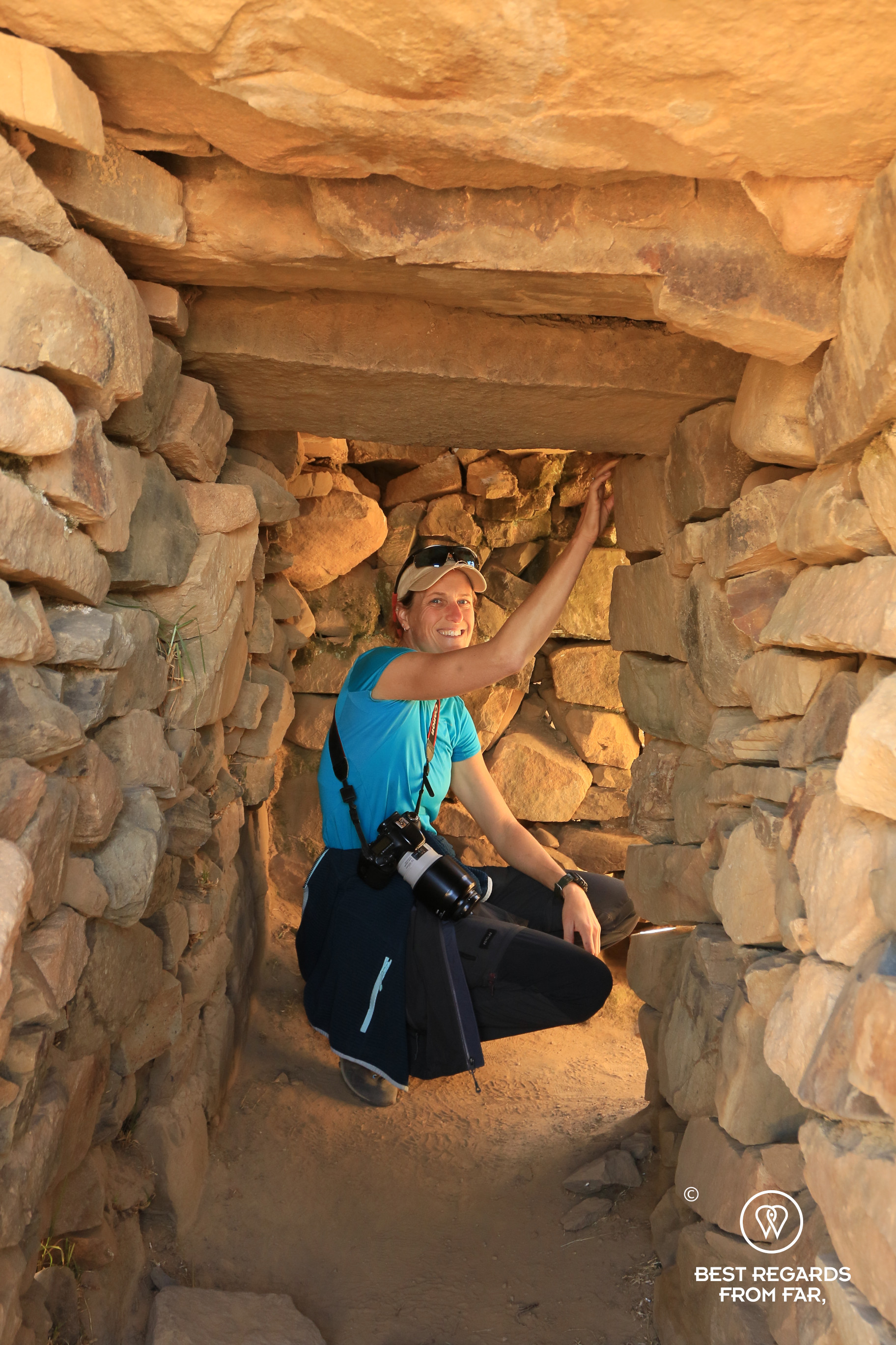 Author Marcella van Alphen inside the labyrinth of the Chincana ruins on Isla del Sol in Bolivia.