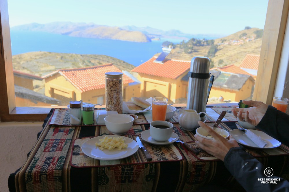 Breakfast with a view on Isla del Sol at Ecolodge K'arasirca in Bolivia.