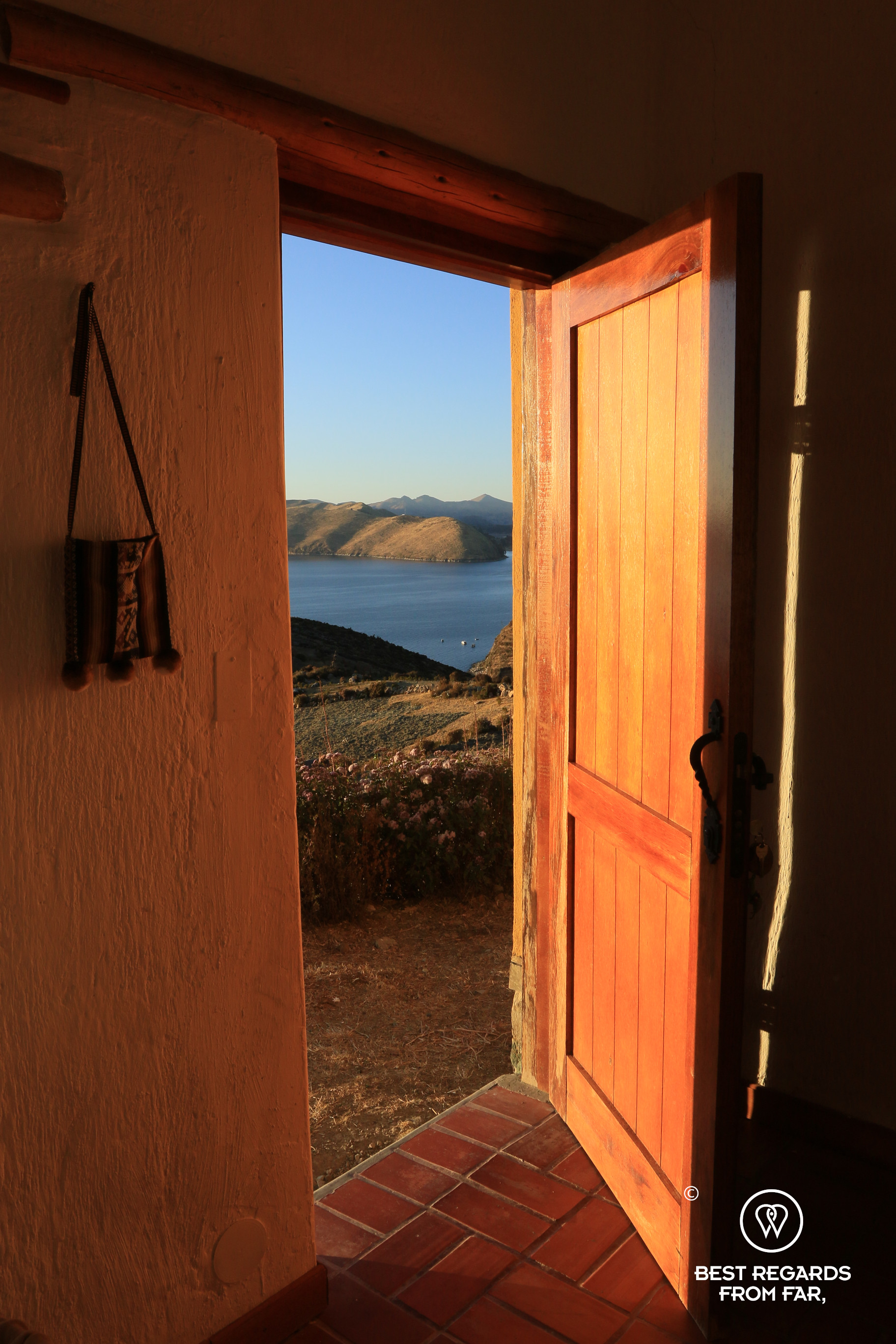 View from the bungalow of the Ecolodge K'arasirca on Lake Titicaca on Isla del Sol in Bolivia.