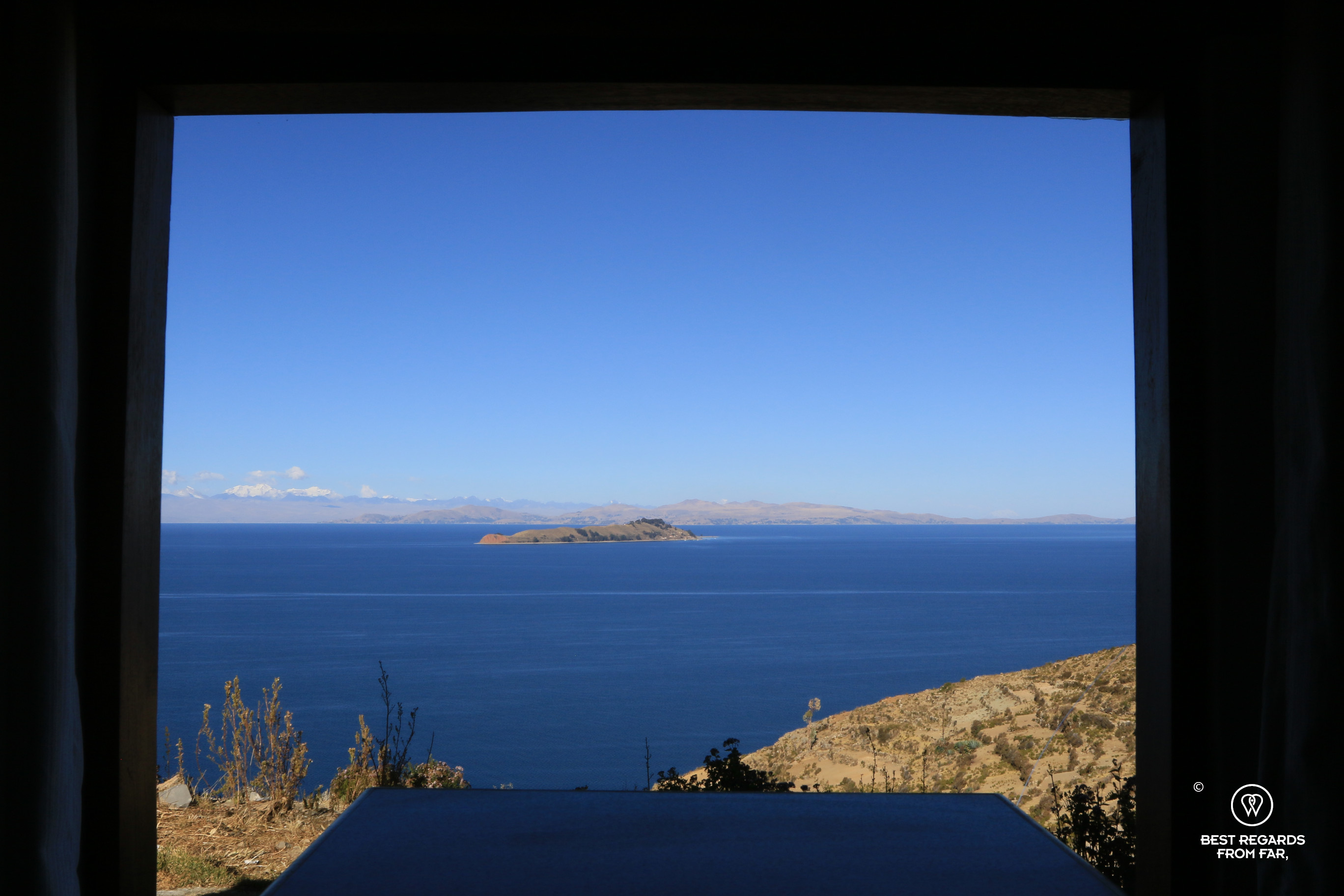 View on Lake Titicaca from the bedroom of the Ecolodge K'arasirca on Isla del Sol in Bolivia.