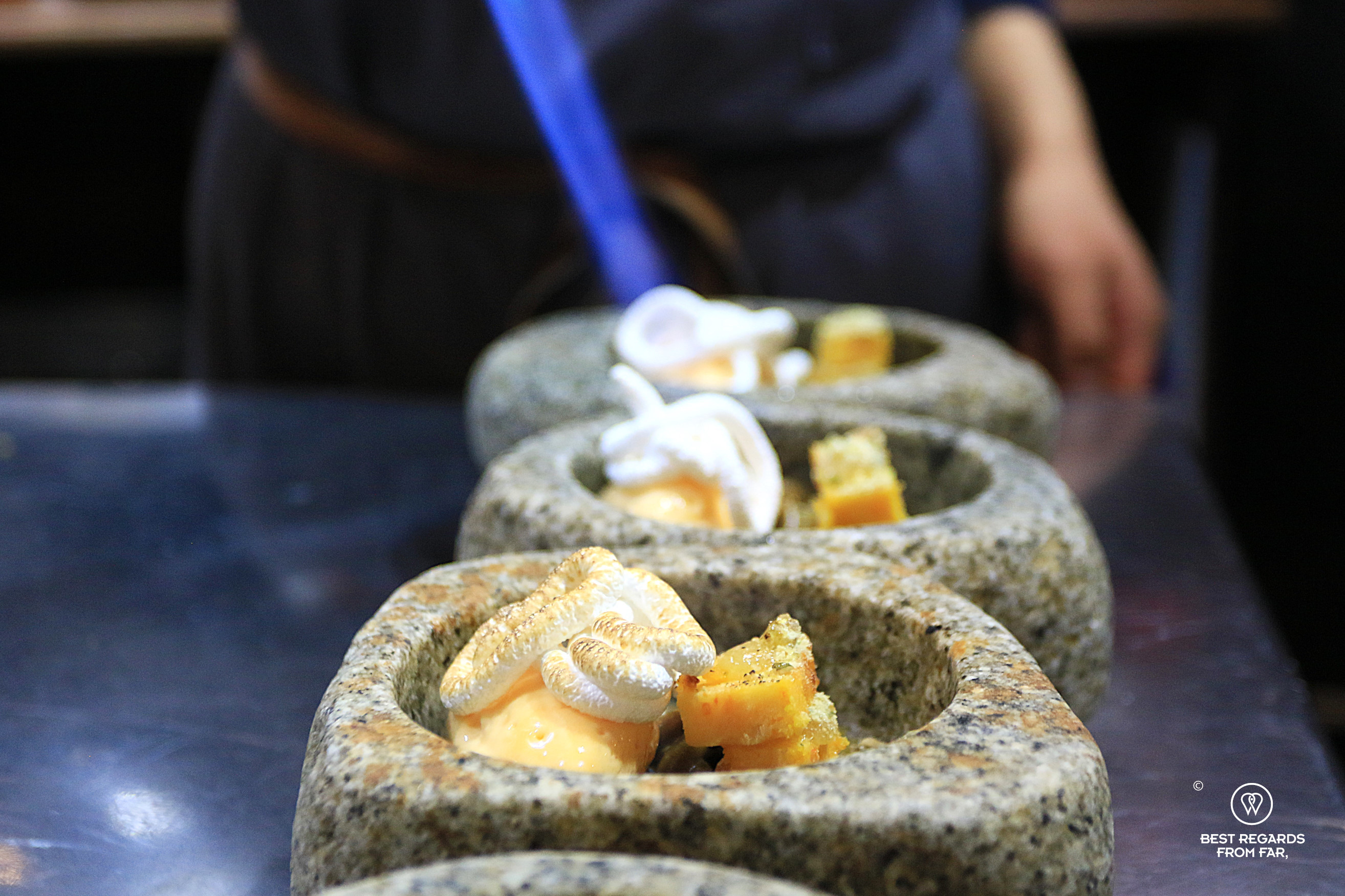 Flaming desserts in the kitchen of Gustu in La Paz.