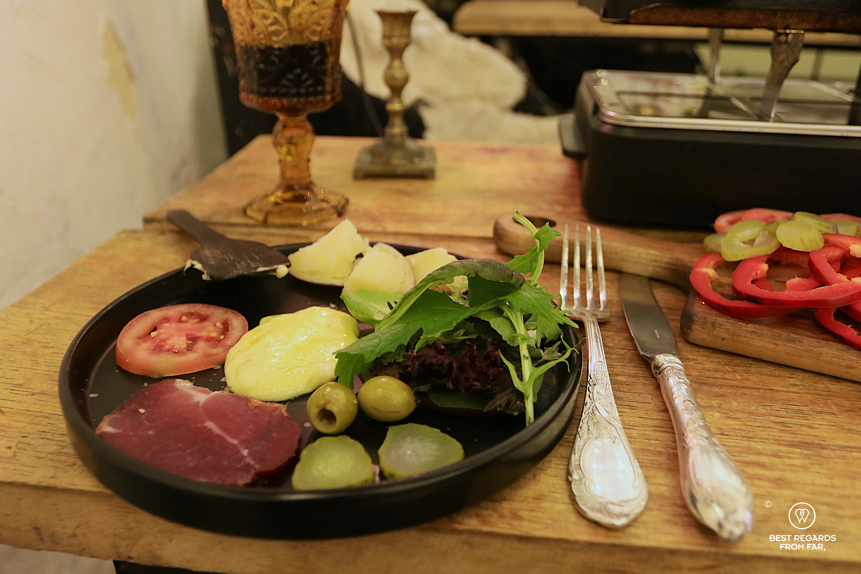 A raclette platter at Masha restaurant in Cusco.