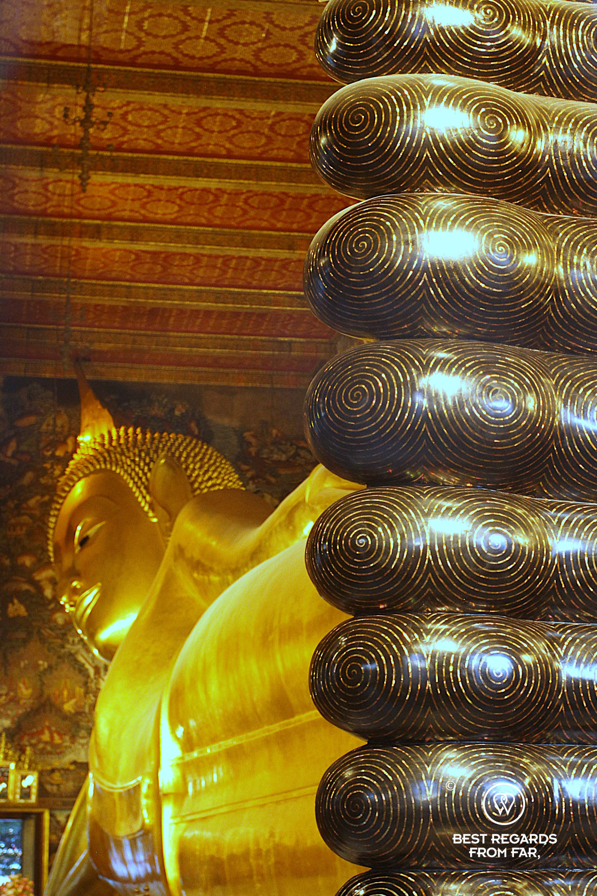 Feet of the reclining Buddha in Bangkok.