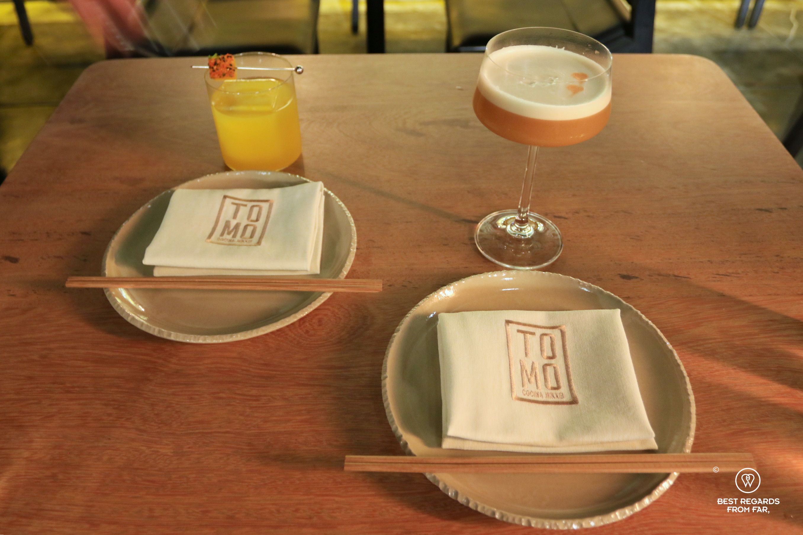 Cocktails on the table at Tomo restaurant in Lima, Miraflores.