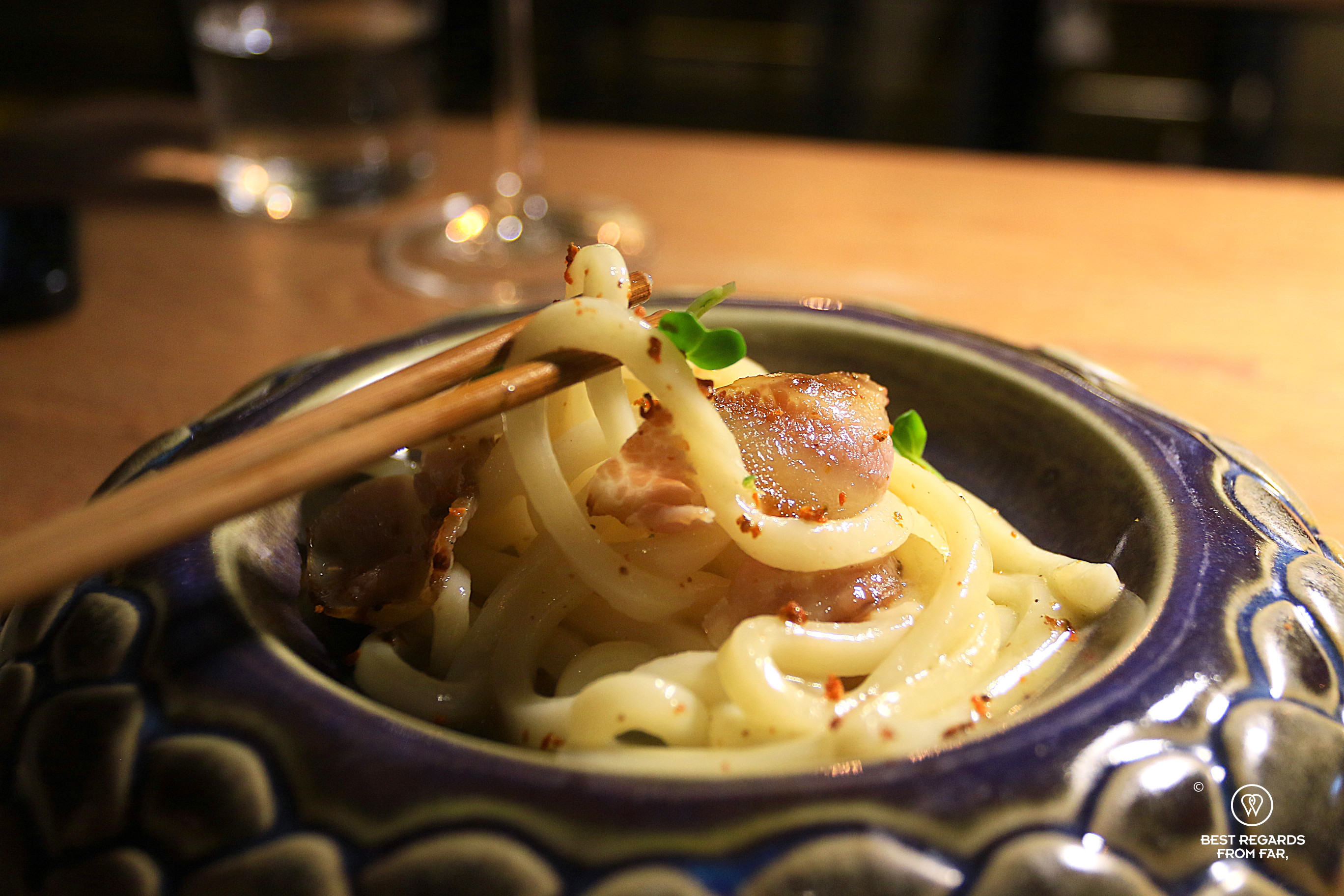 Udon in a beautiful ceramic bowl at Tomo restaurant in Lima, Miraflores.